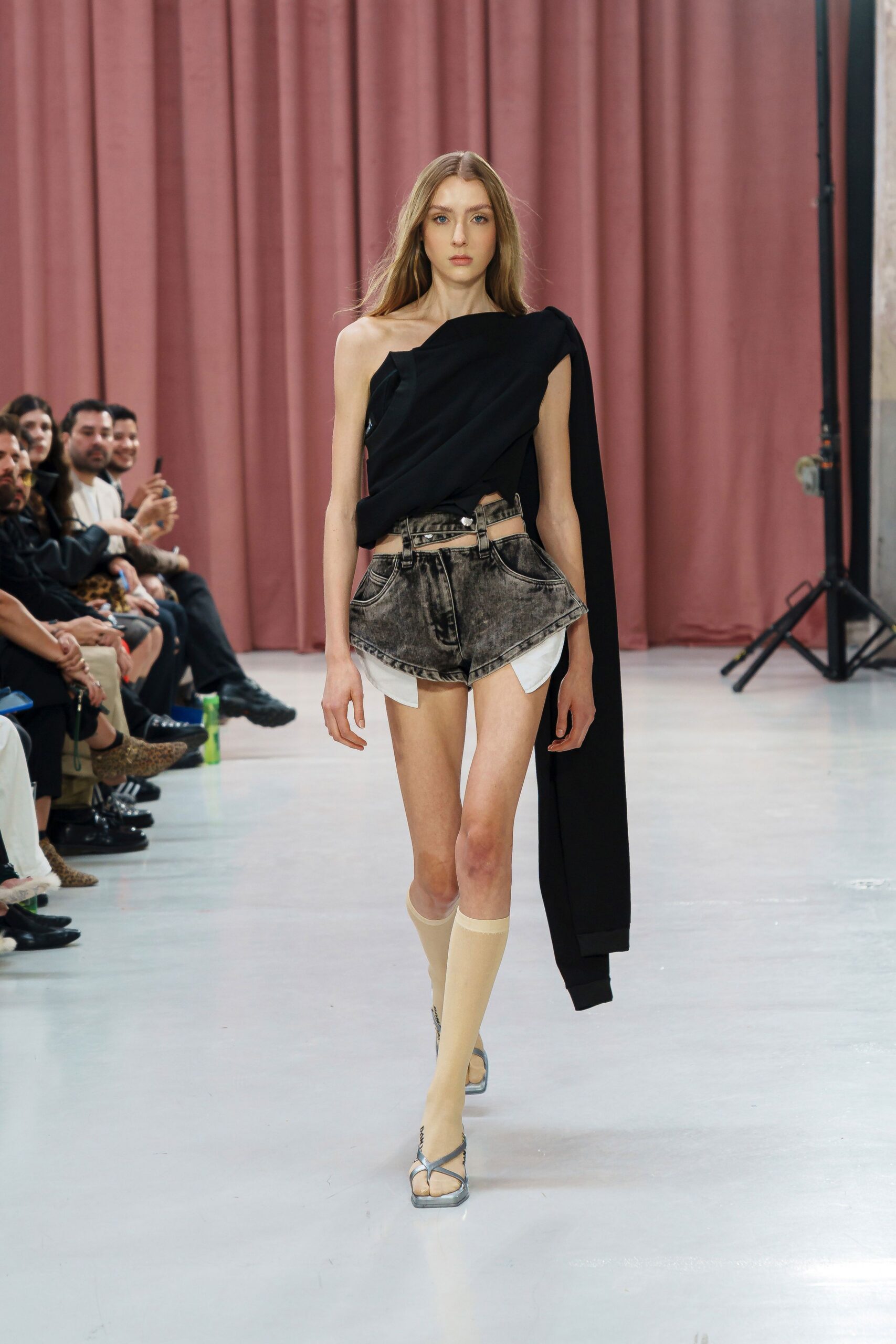 black fitted top with gray shorts