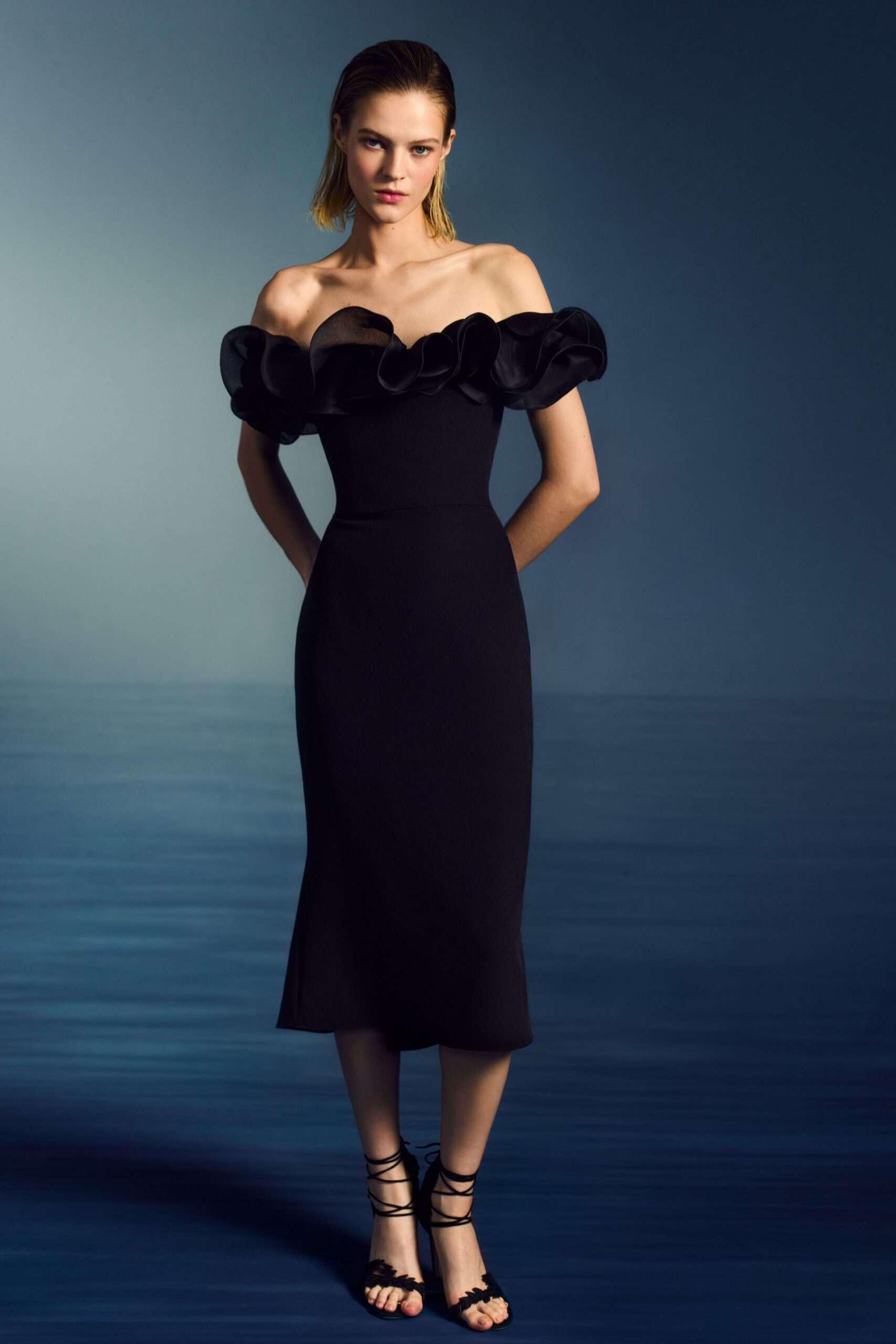 black off-shoulder midi dress