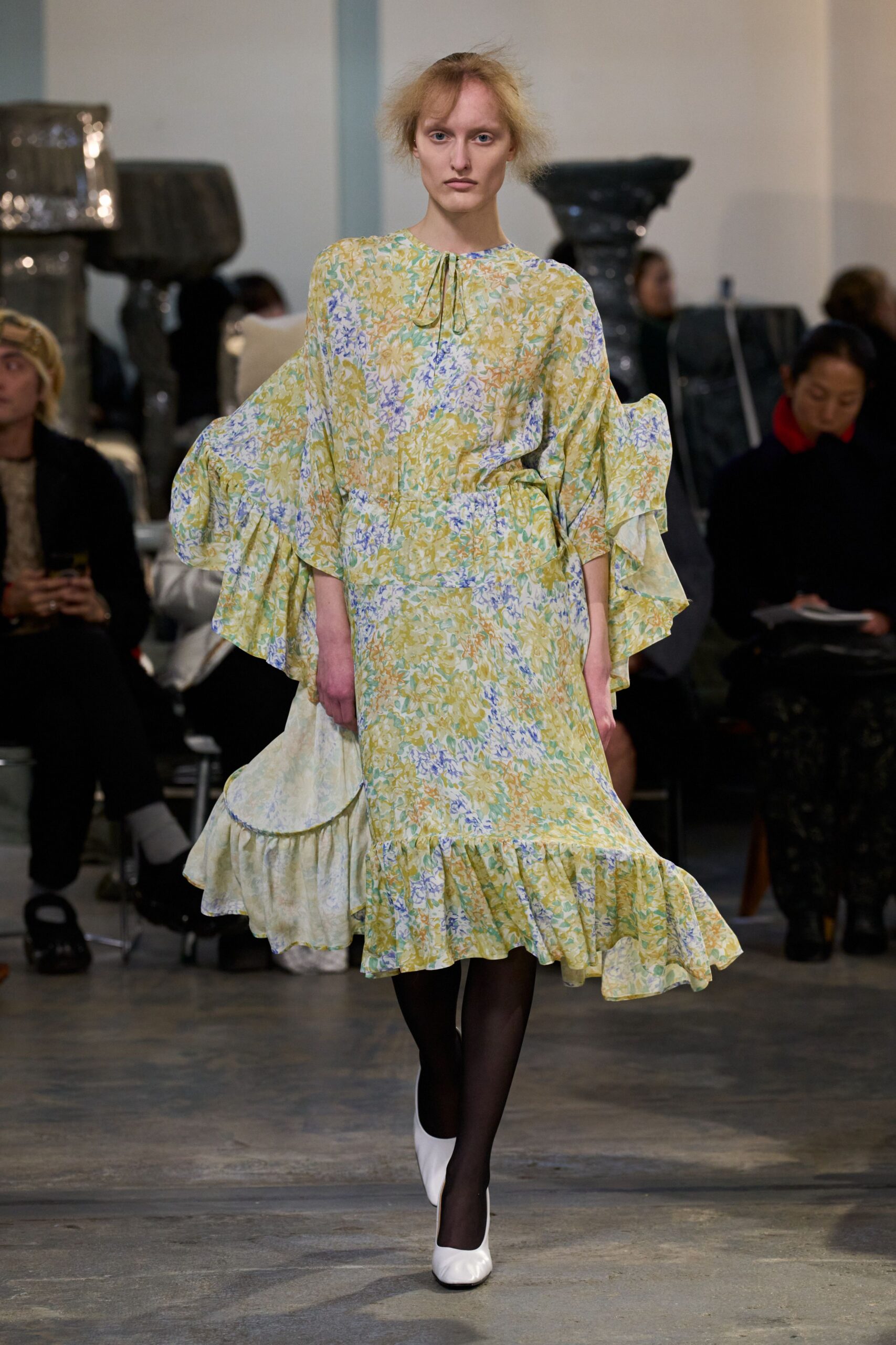 yellow silk long-sleeve high-neck relaxed floral flared dress