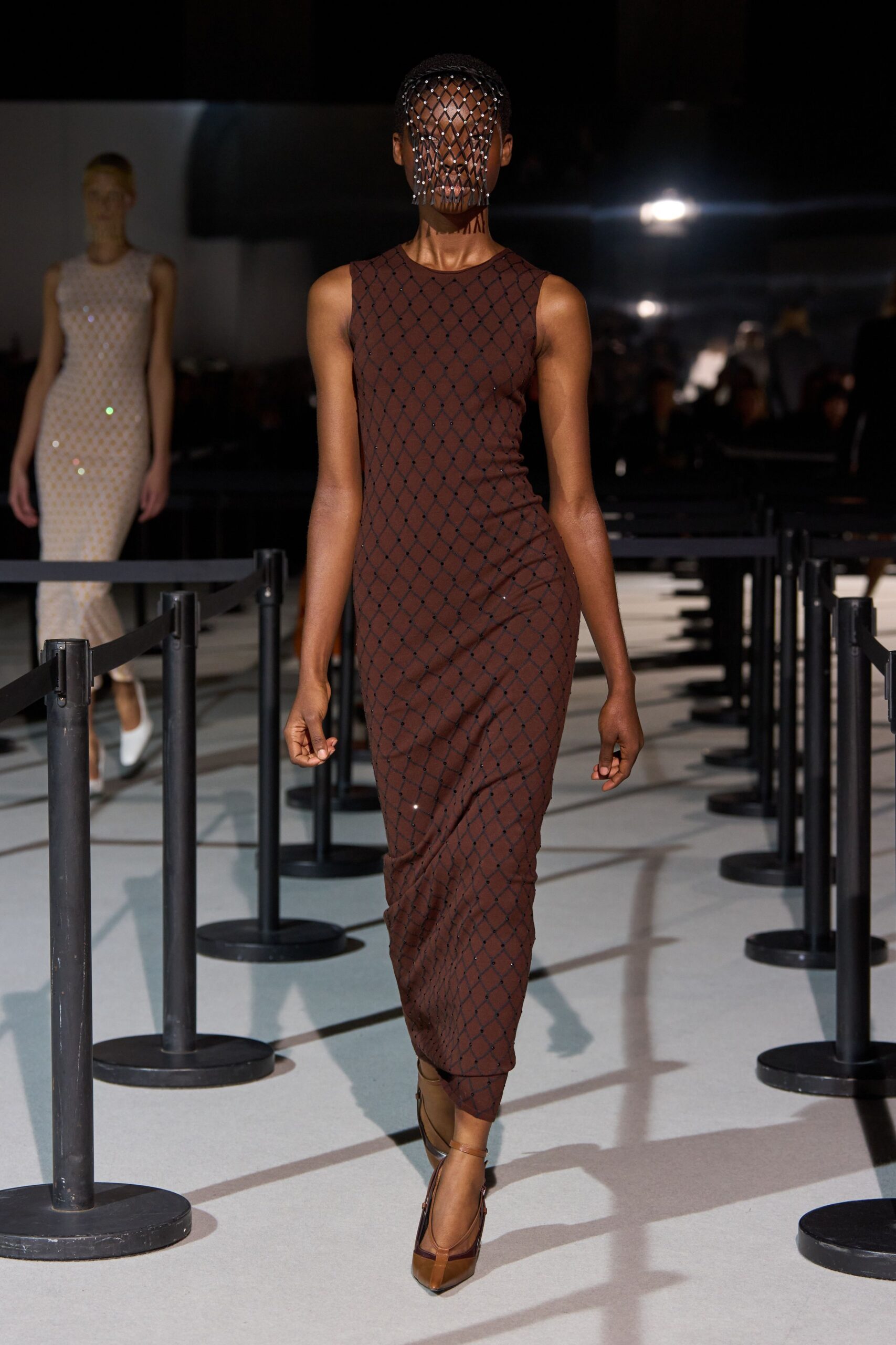 brown mesh sleeveless dress