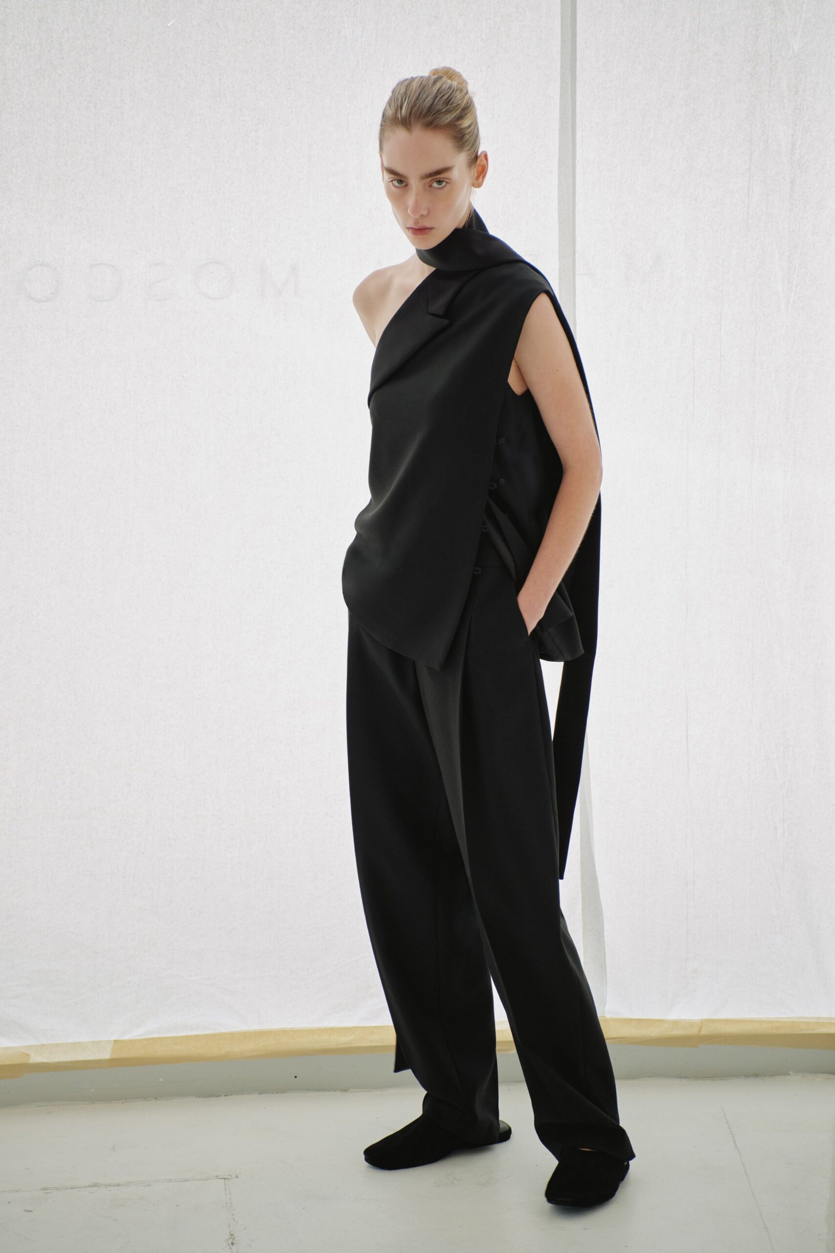black silk sleeveless asymmetric relaxed top
