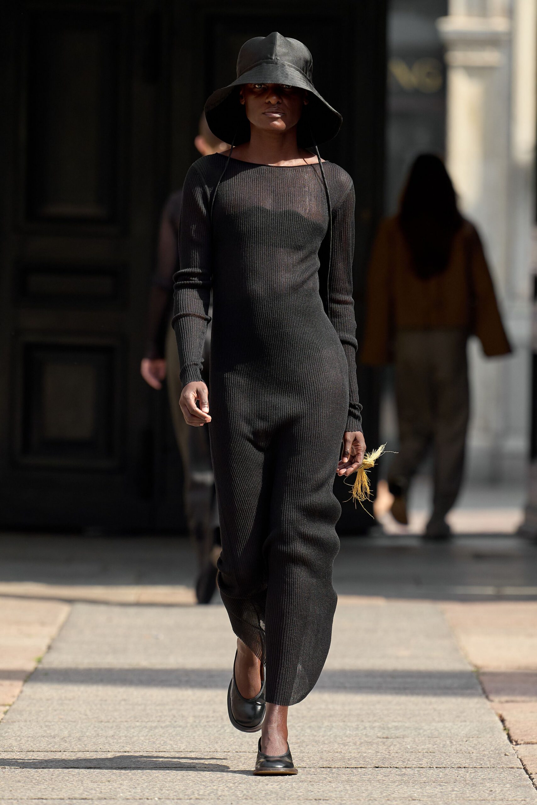 black knit long-sleeve square-neck fitted ribbed sheer dress