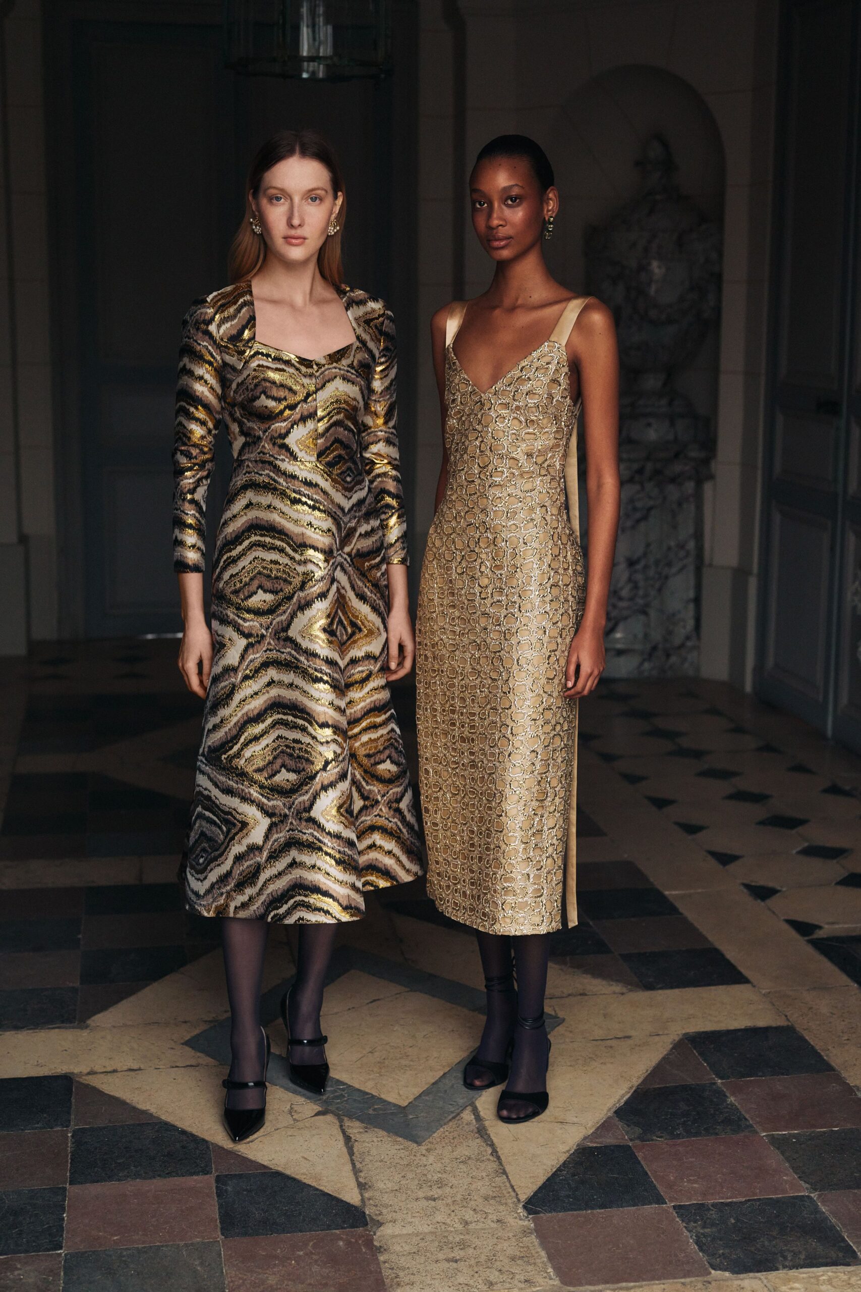 gold and black printed dresses