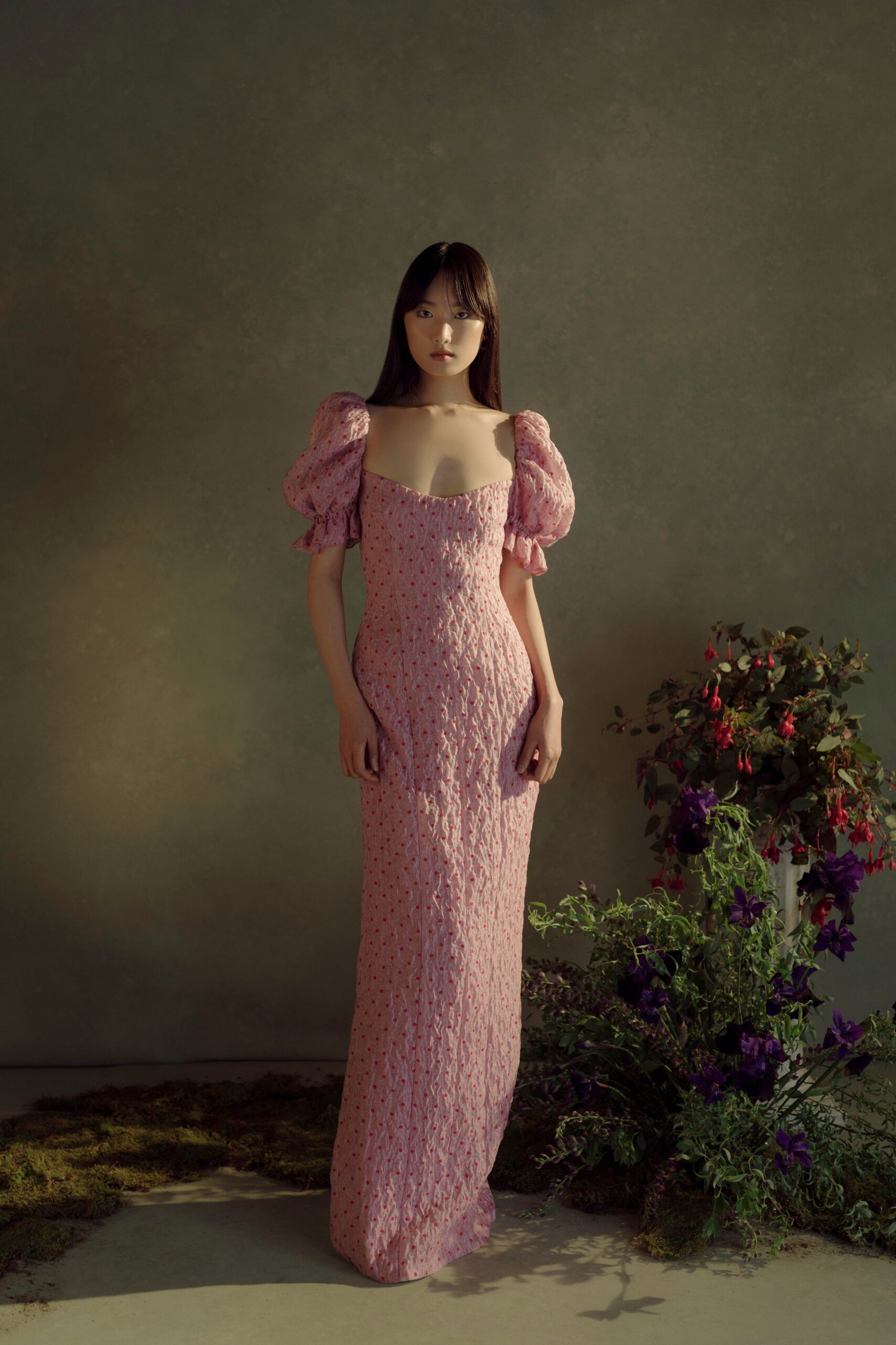 fitted pink silk gown