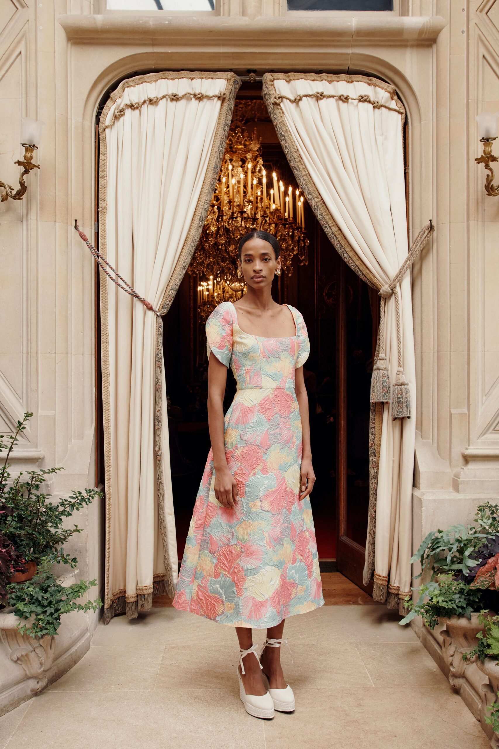 floral midi dress with platform shoes