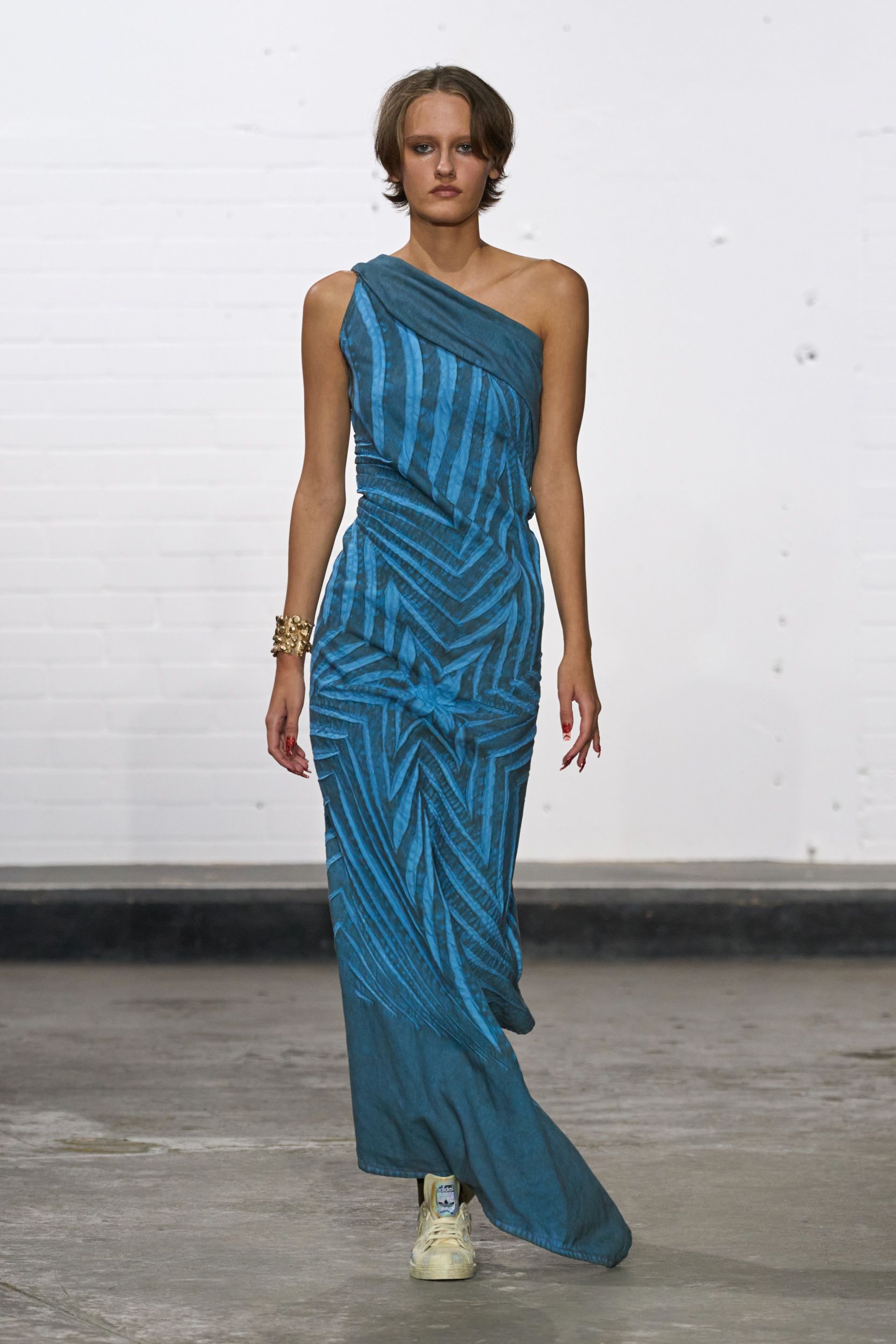 blue silk sleeveless asymmetric fitted striped draped gown