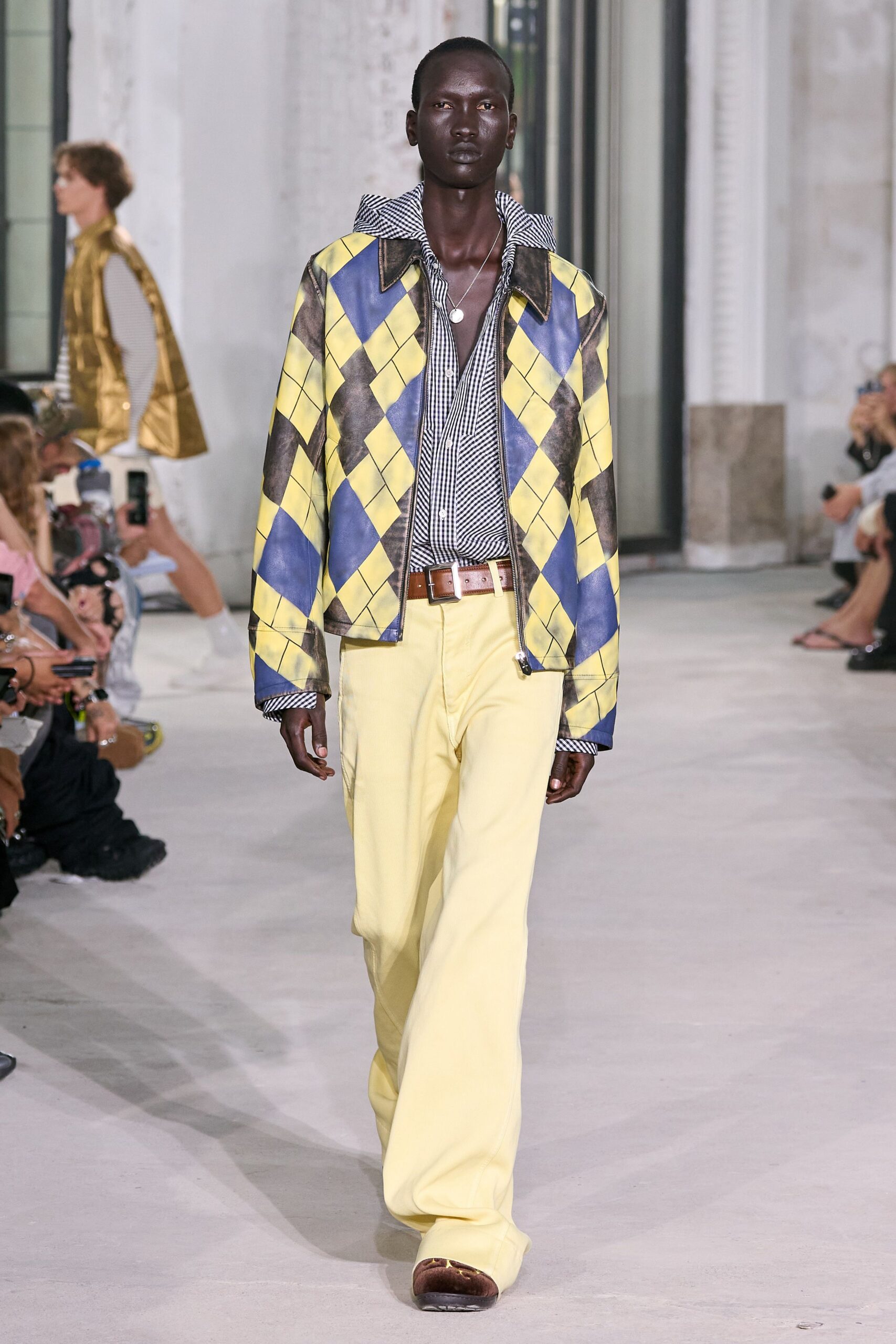 checked jacket with relaxed pants