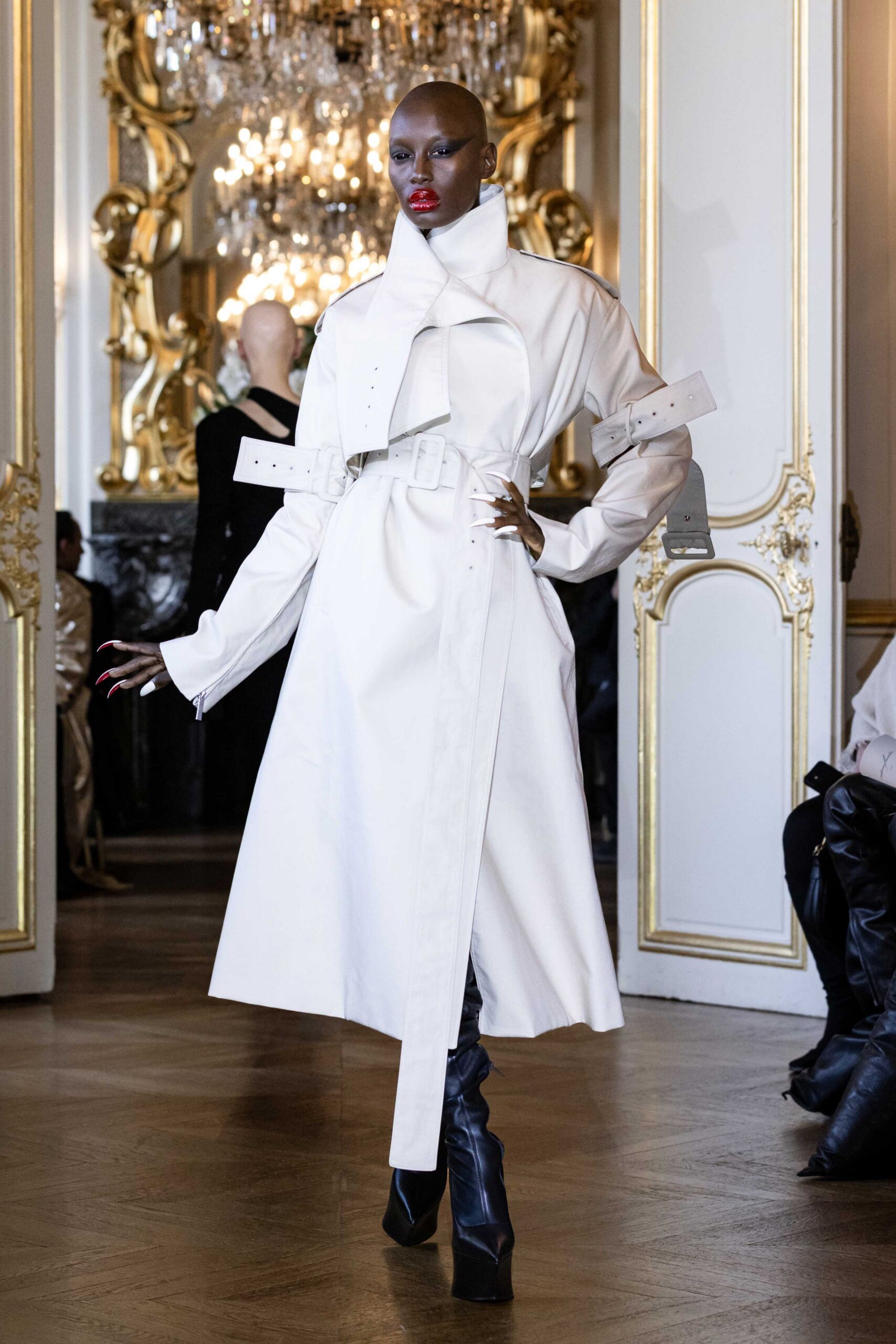 white leather long-sleeve collared fitted belted coat