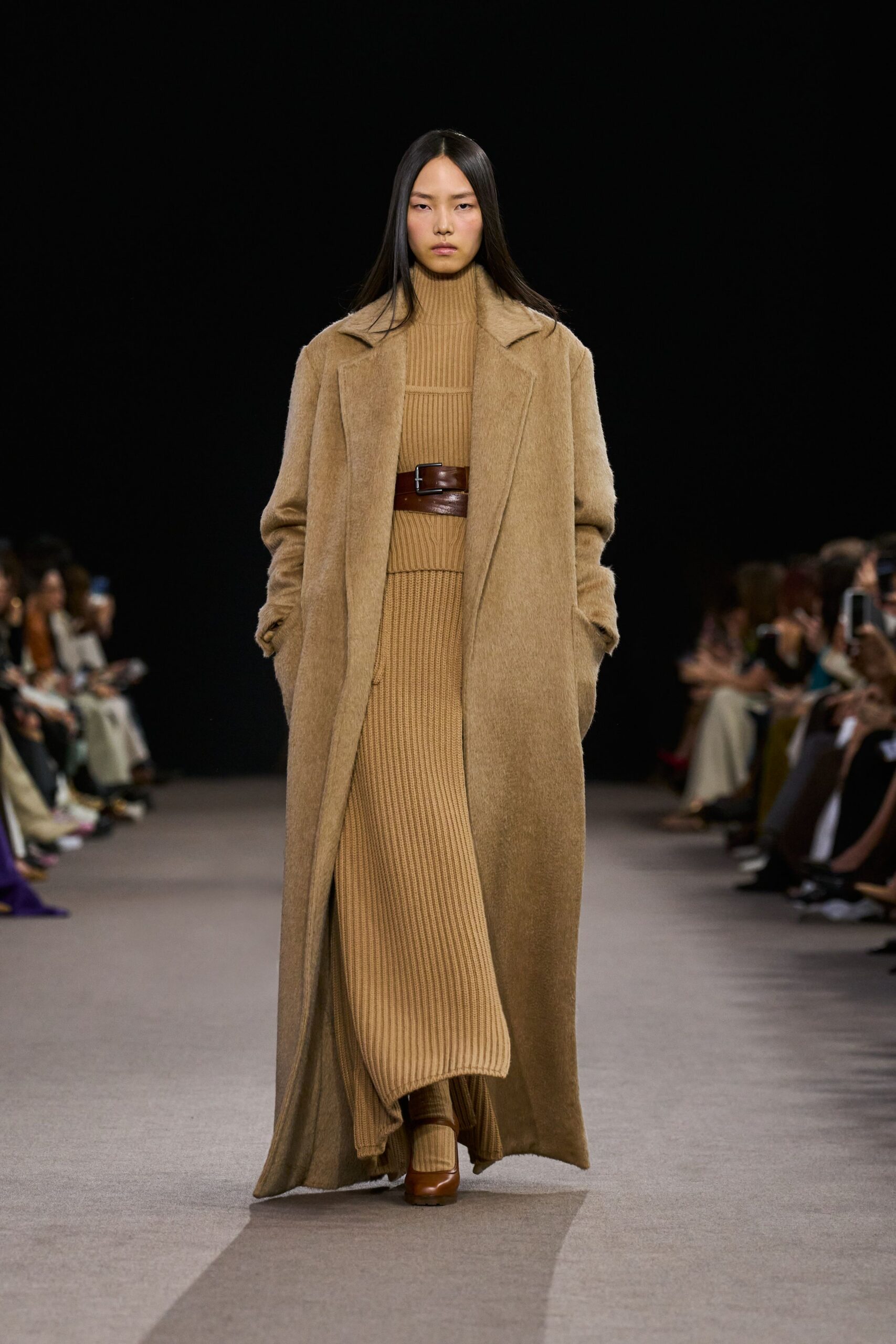 brown wool long-sleeve collared relaxed belted maxi coat