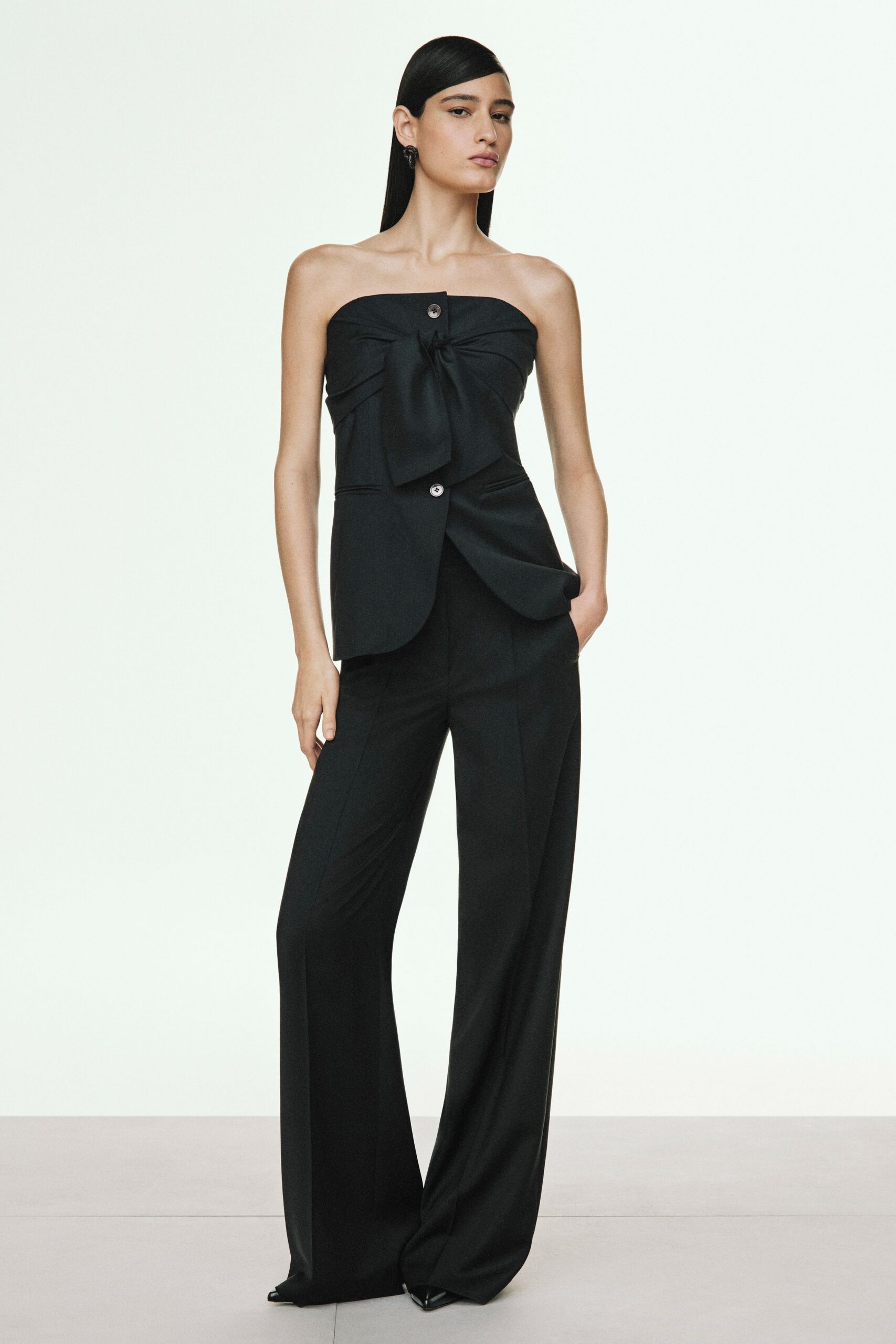 black silk strapless fitted draped buttoned top
