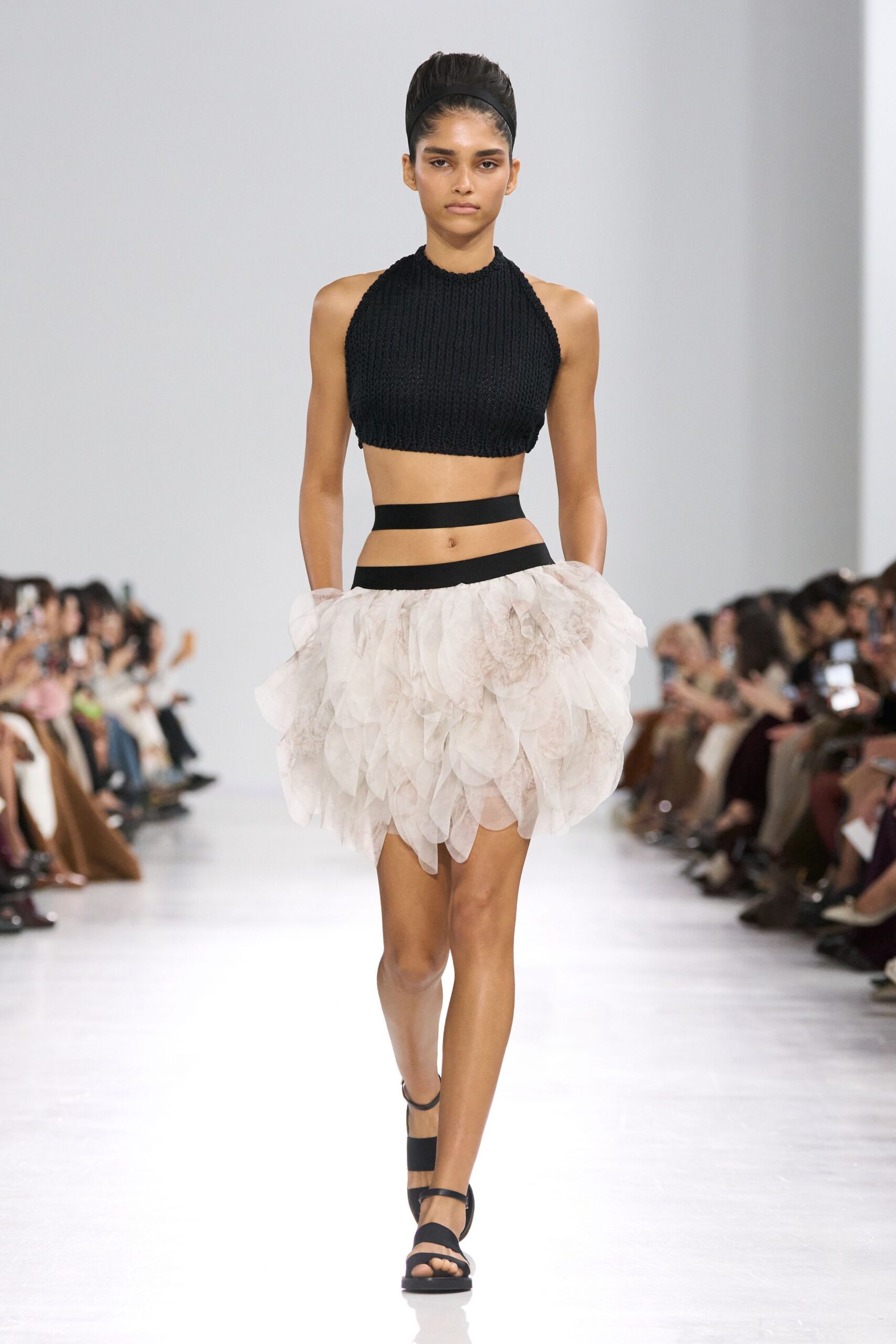 beige tulle fitted tiered flowing mini skirt