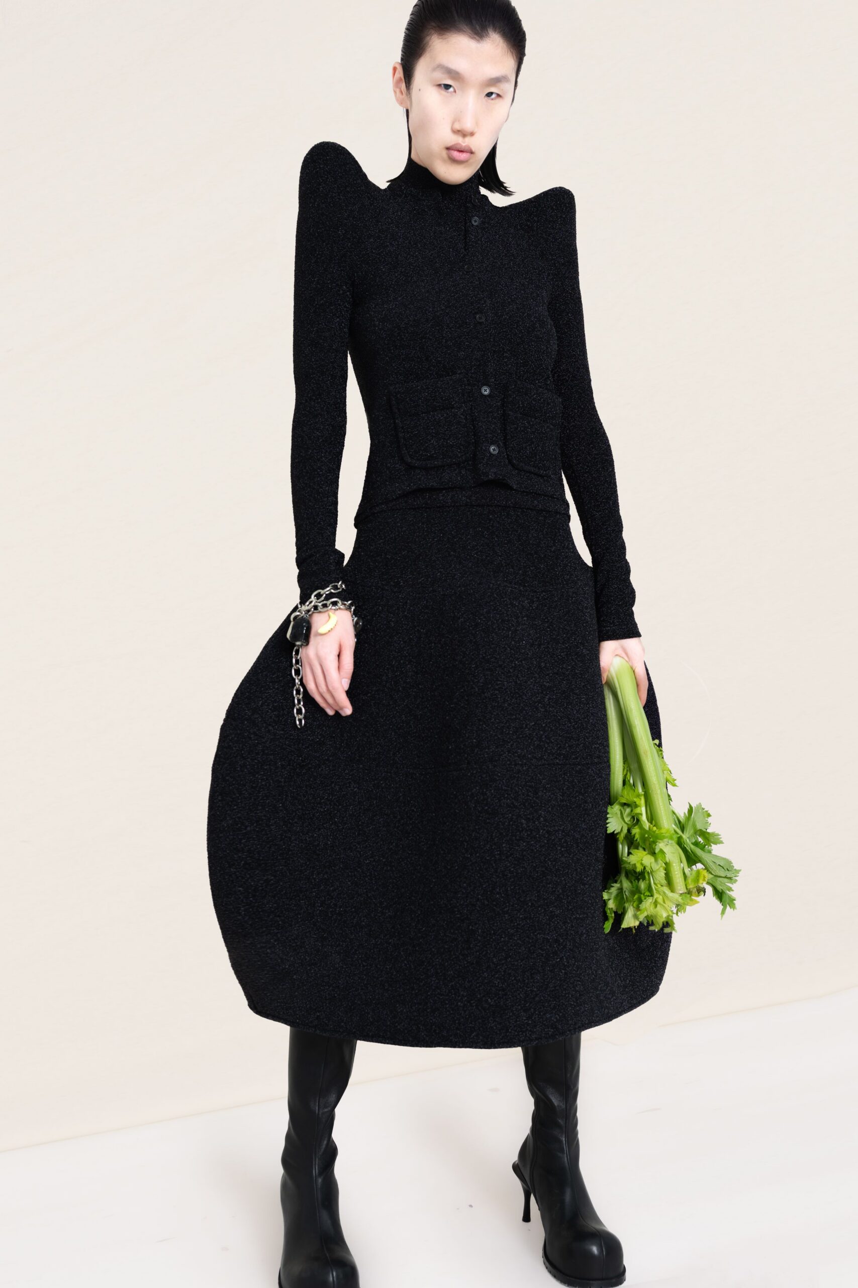 black wool long-sleeve collared fitted pleated midi dress
