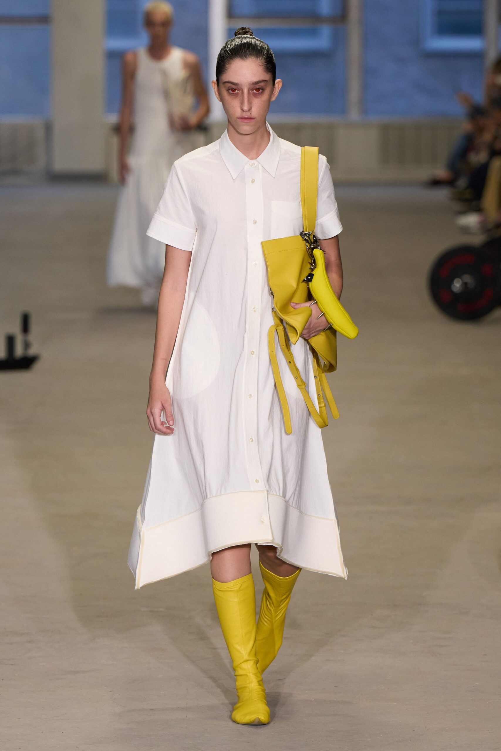 white cotton short-sleeve collared relaxed buttoned midi shirt-dress