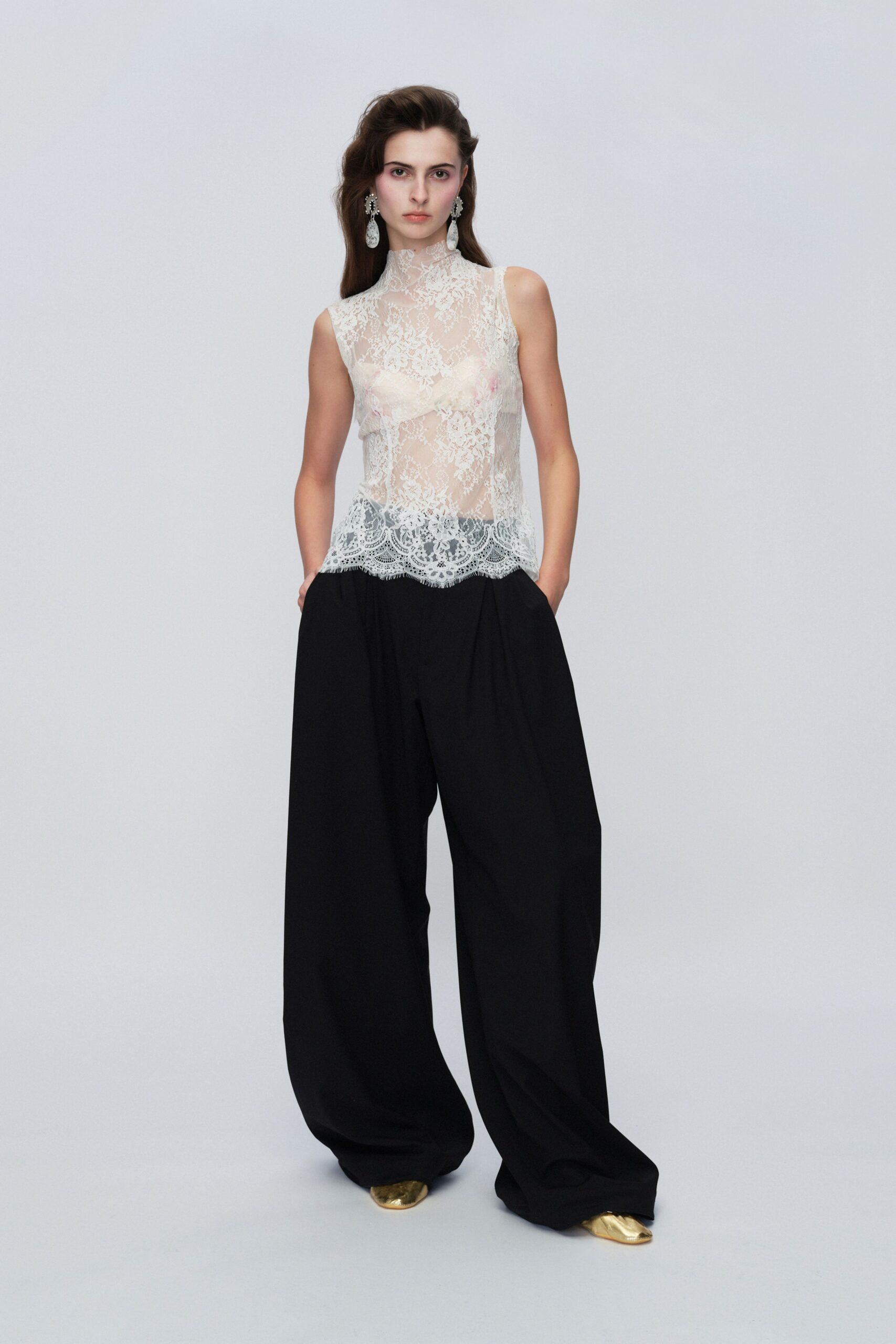 white lace sleeveless high-neck relaxed embroidered sheer top