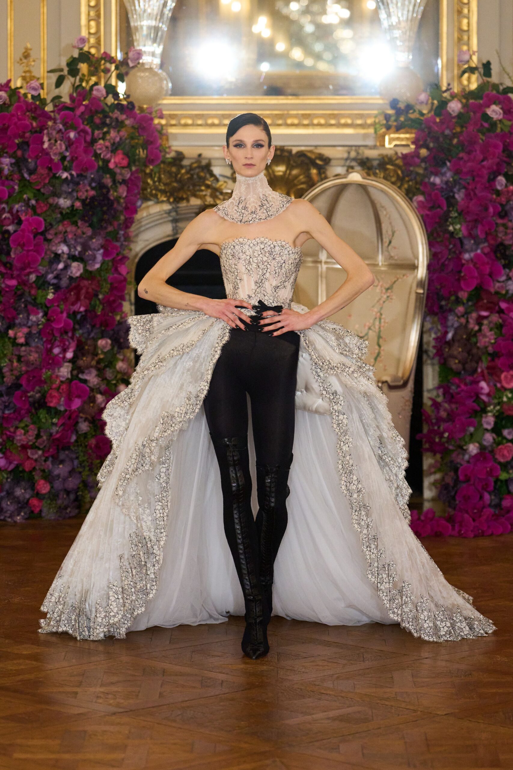 white embellished gown with black pants