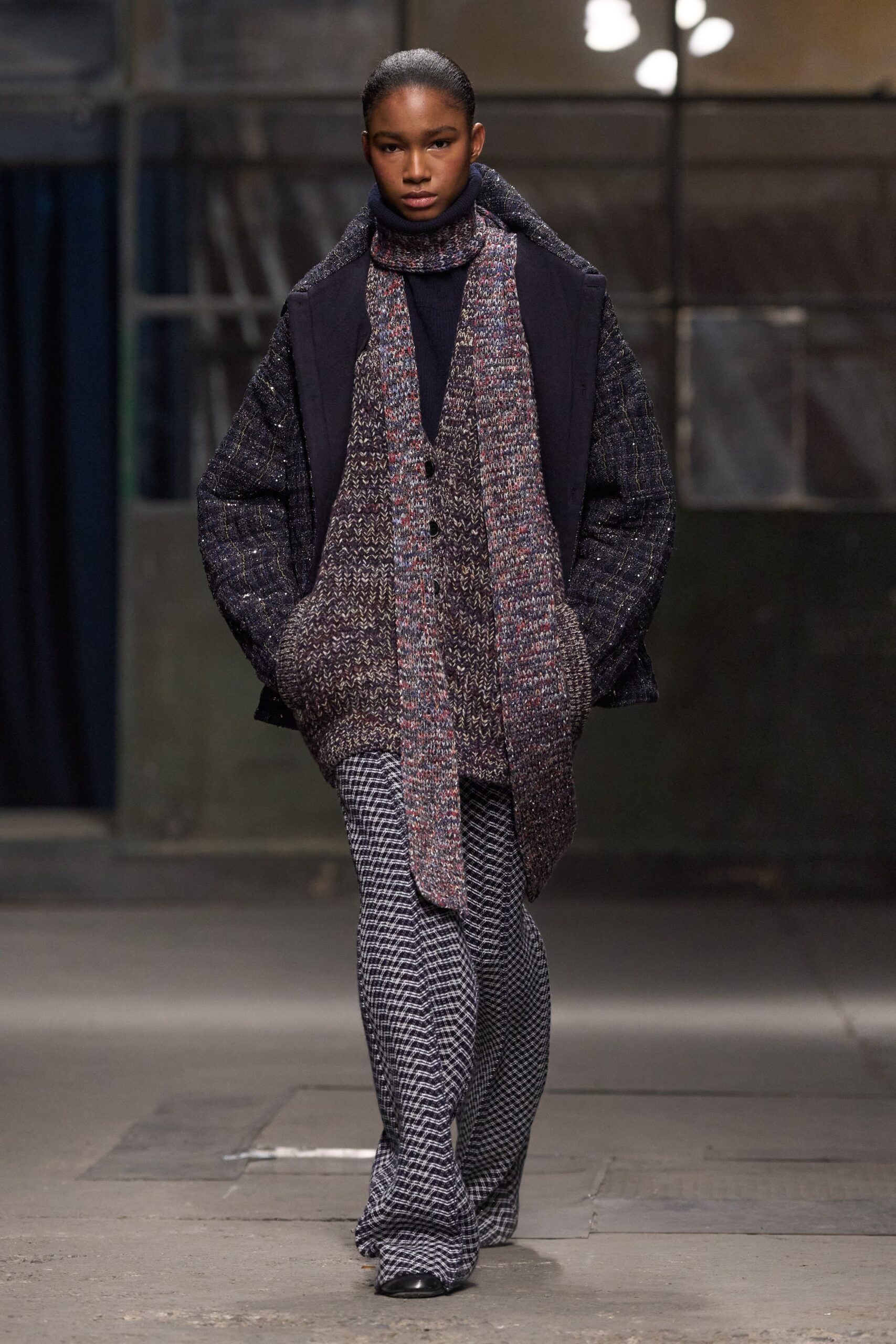 black wool coat with multi scarf