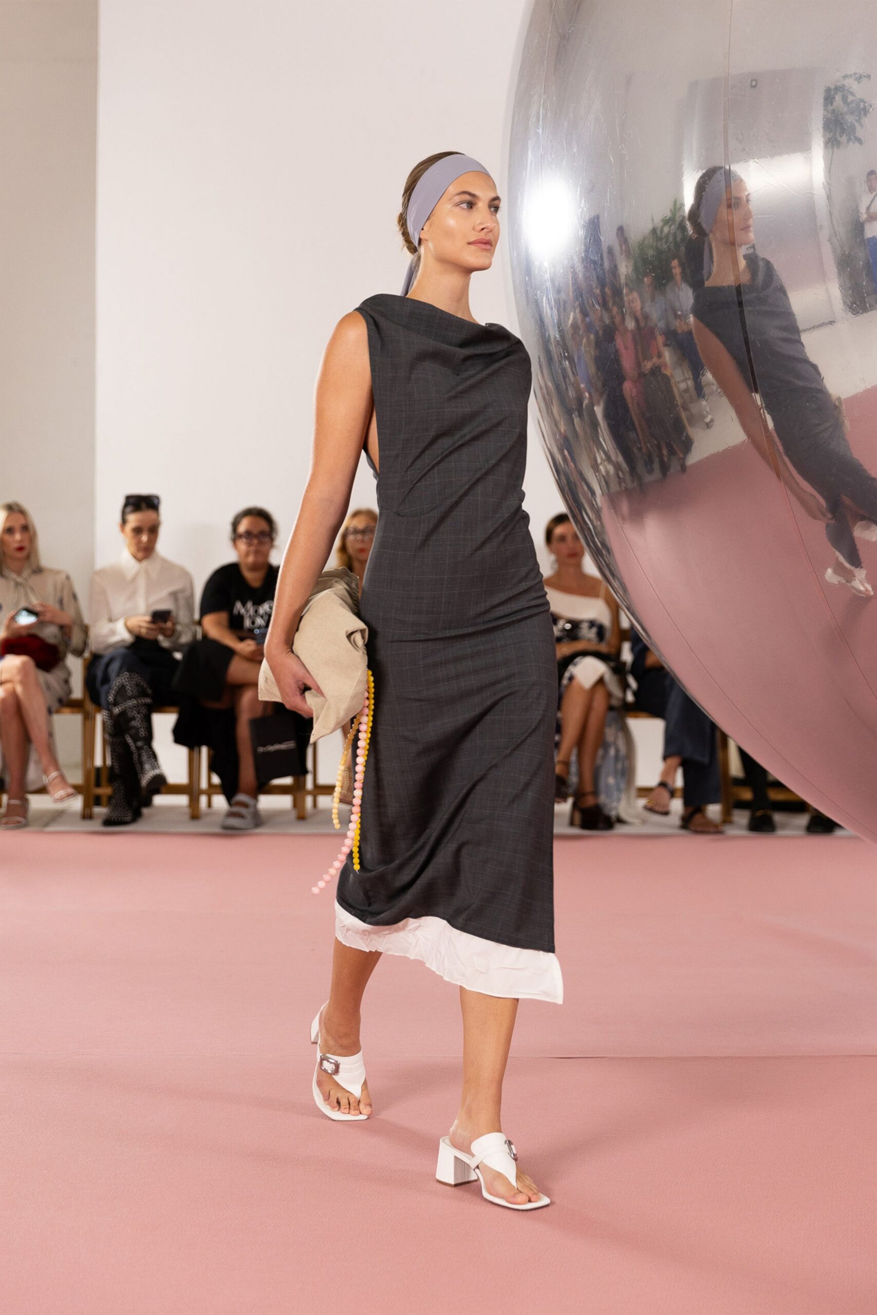 gray ruched asymmetric midi-dress