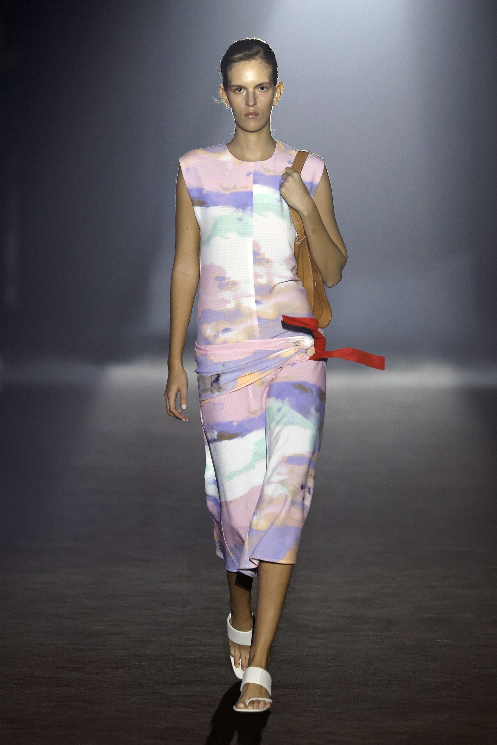 pink cotton sleeveless fitted printed midi dress