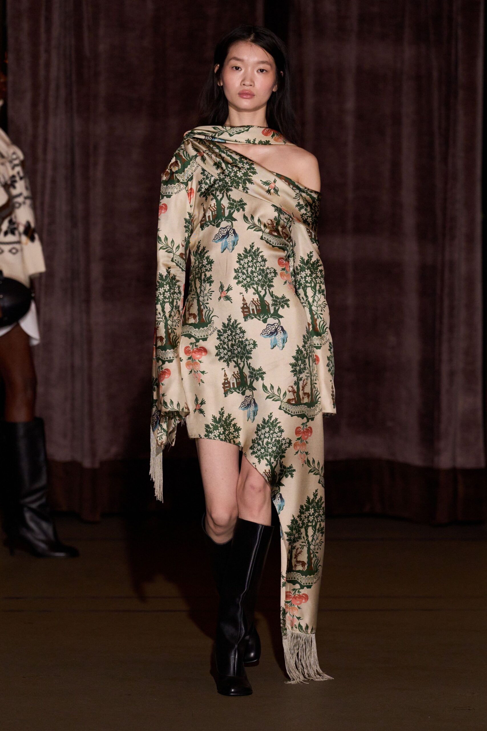 beige silk sleeveless off-shoulder fitted floral draped dress