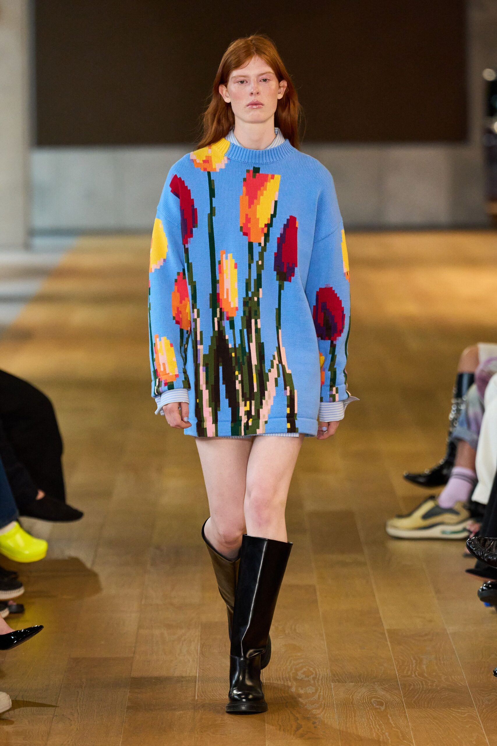 blue cotton long-sleeve high-neck oversized floral sweater