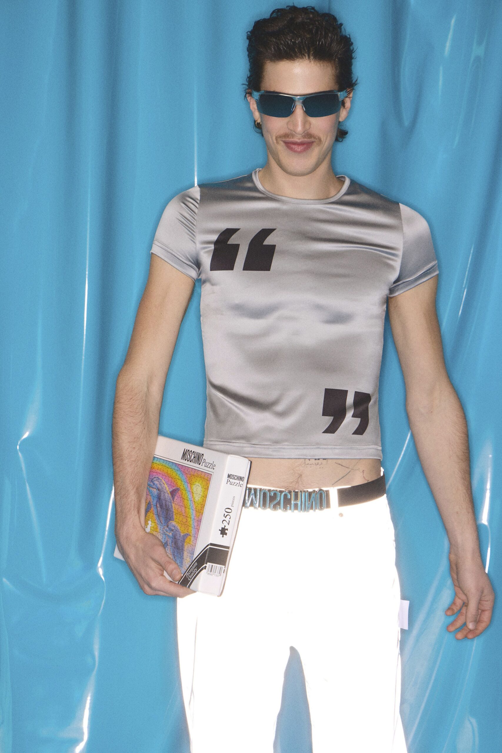 gray satin short-sleeve collared fitted printed top