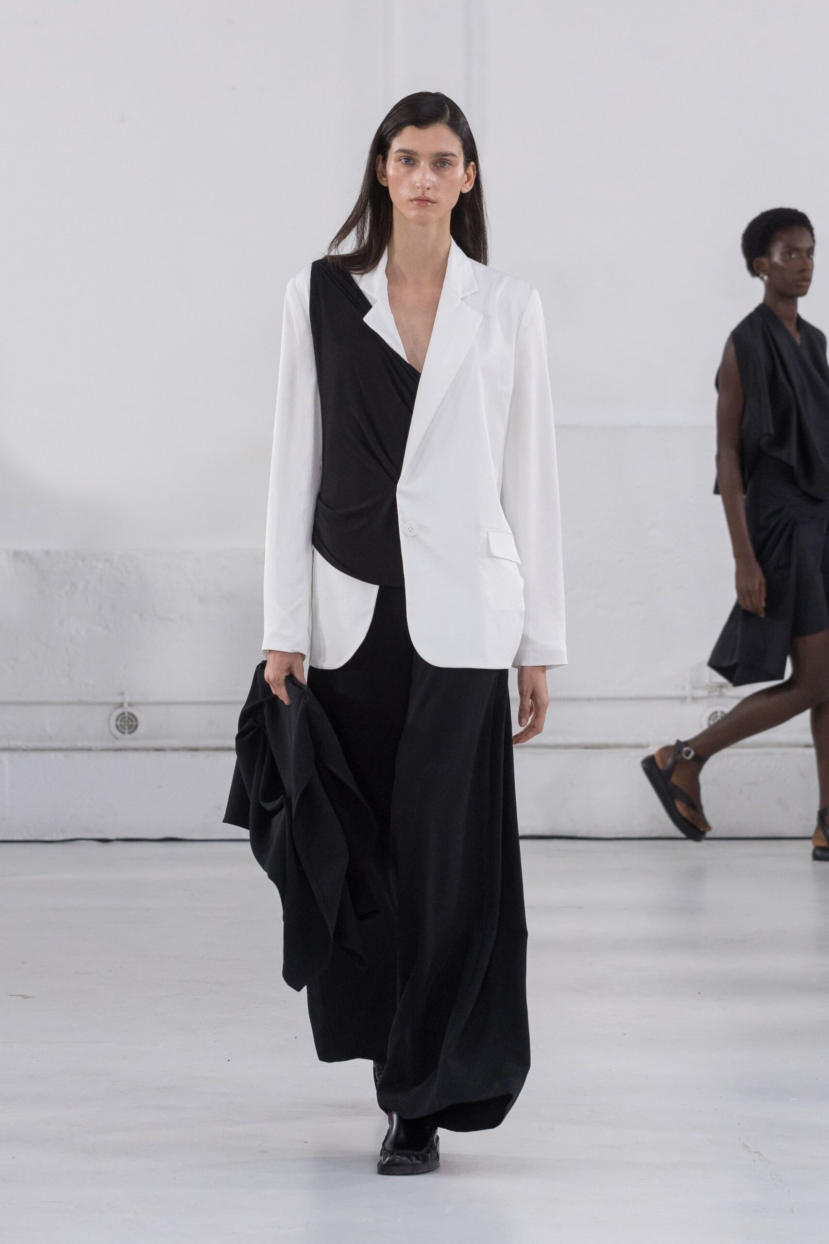 white blazer black dress