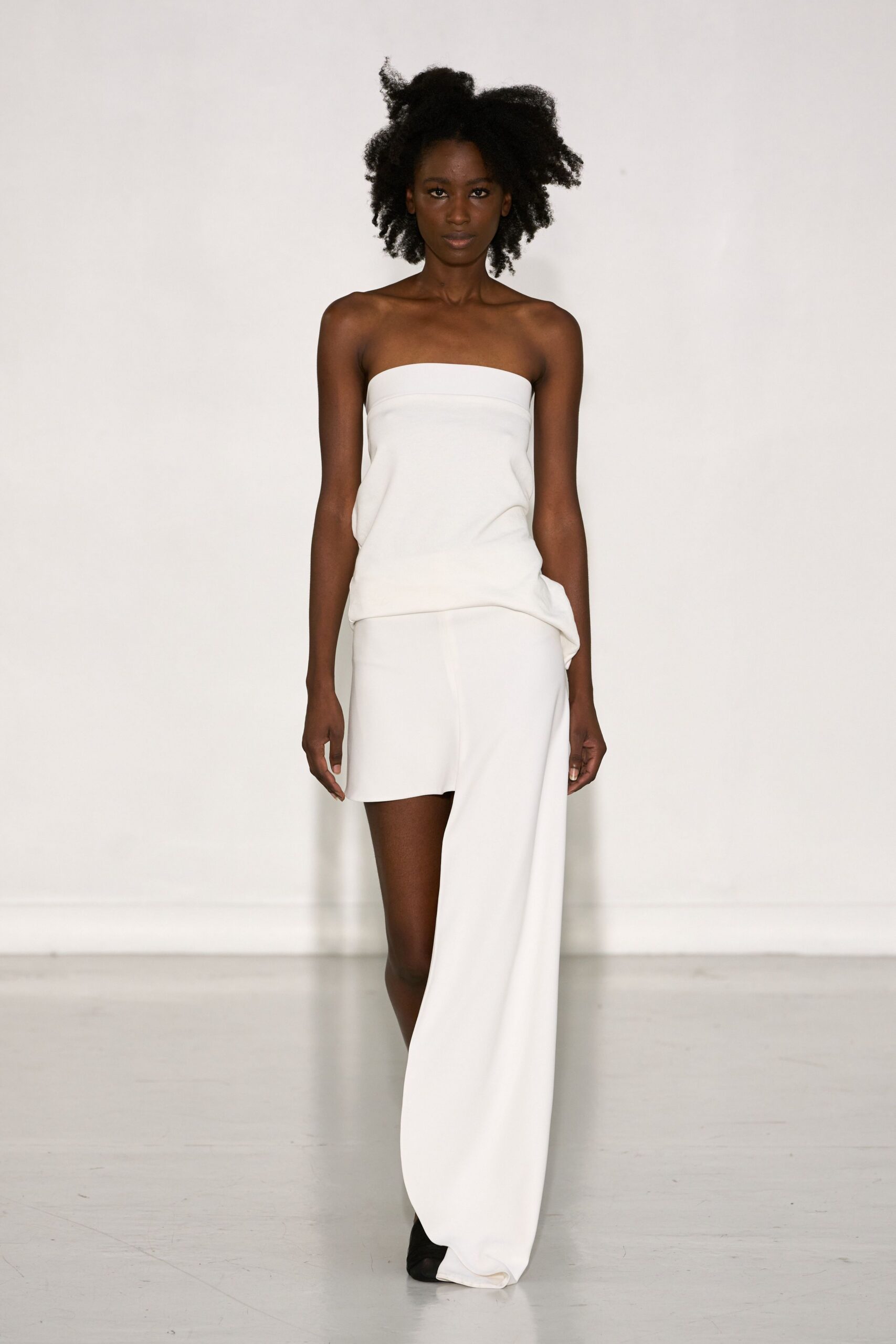 white cotton strapless fitted draped maxi dress