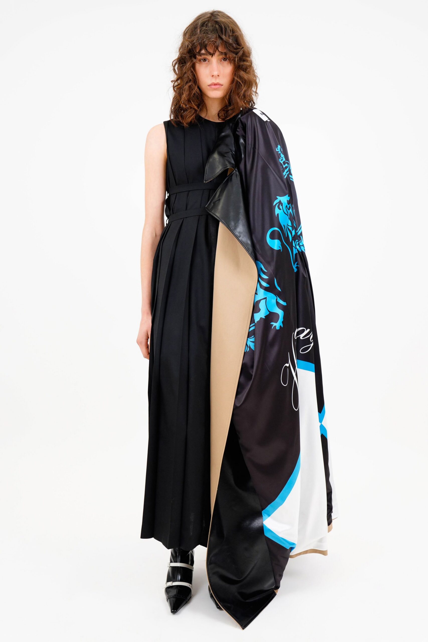black silk sleeveless v-neck fitted layered pleated dress
