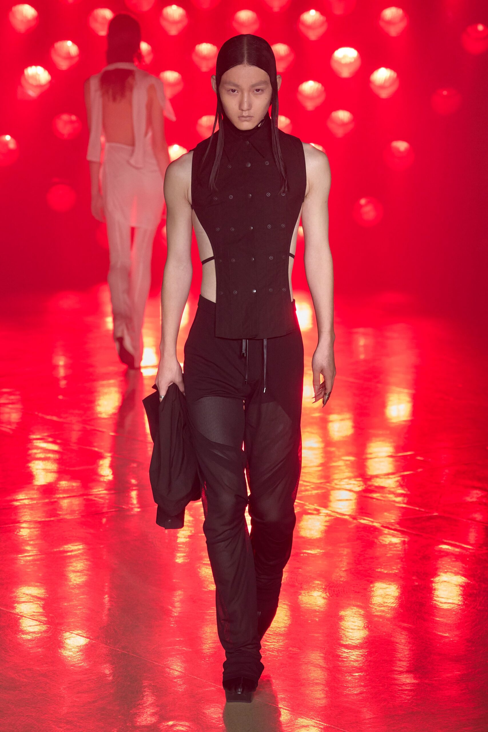 black cotton sleeveless high-neck fitted buttoned top