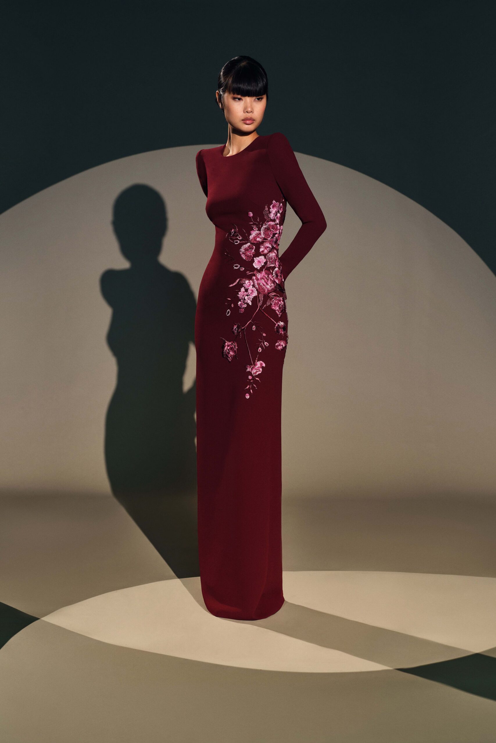 fitted maroon silk gown