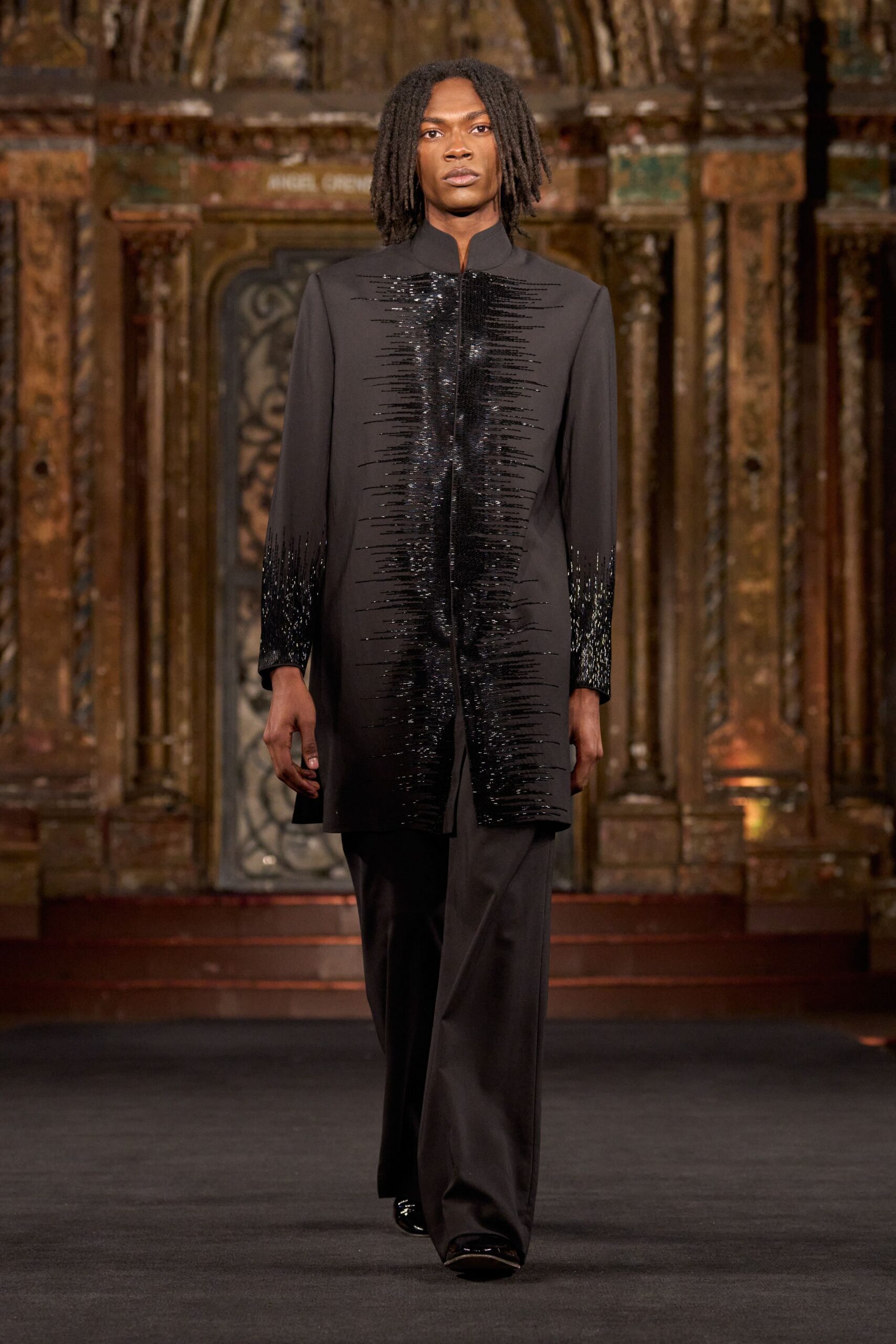black silk long-sleeve collared fitted embroidered shiny coat