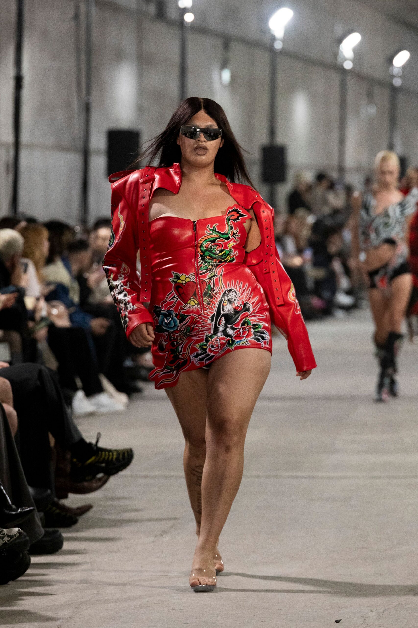 red vinyl sleeveless v-neck fitted printed mini dress