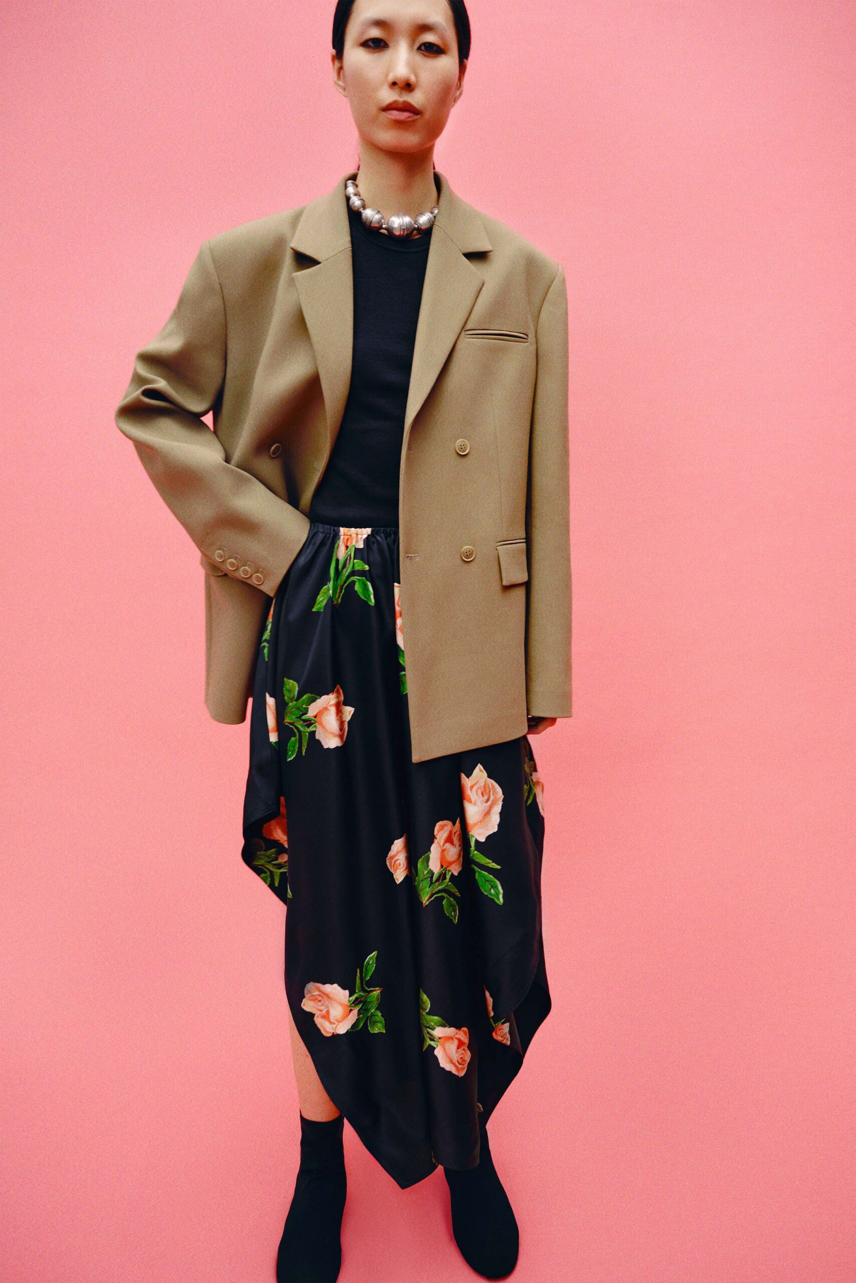 beige wool long-sleeve collared structured buttoned blazer