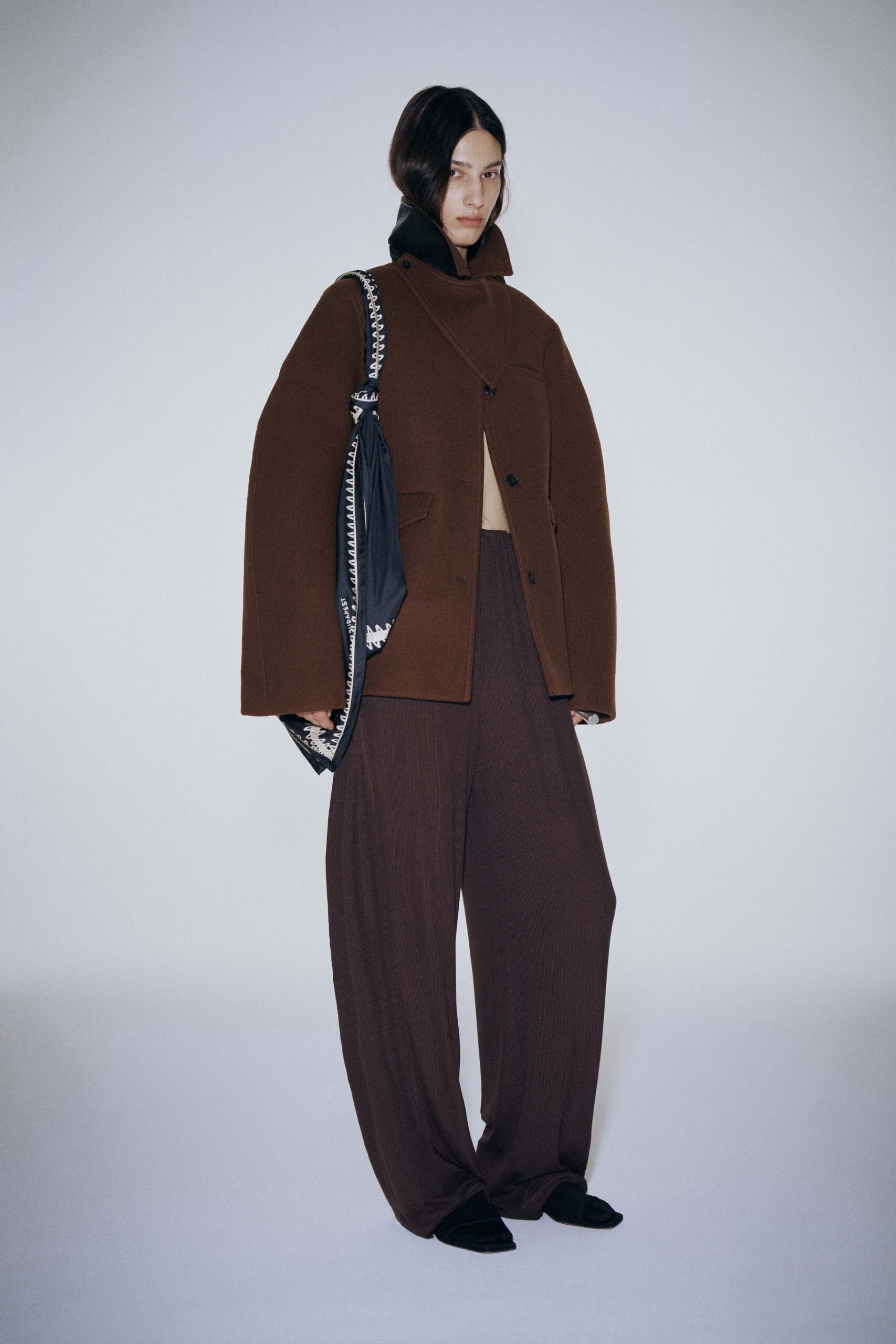 brown wool long-sleeve collared oversized coat