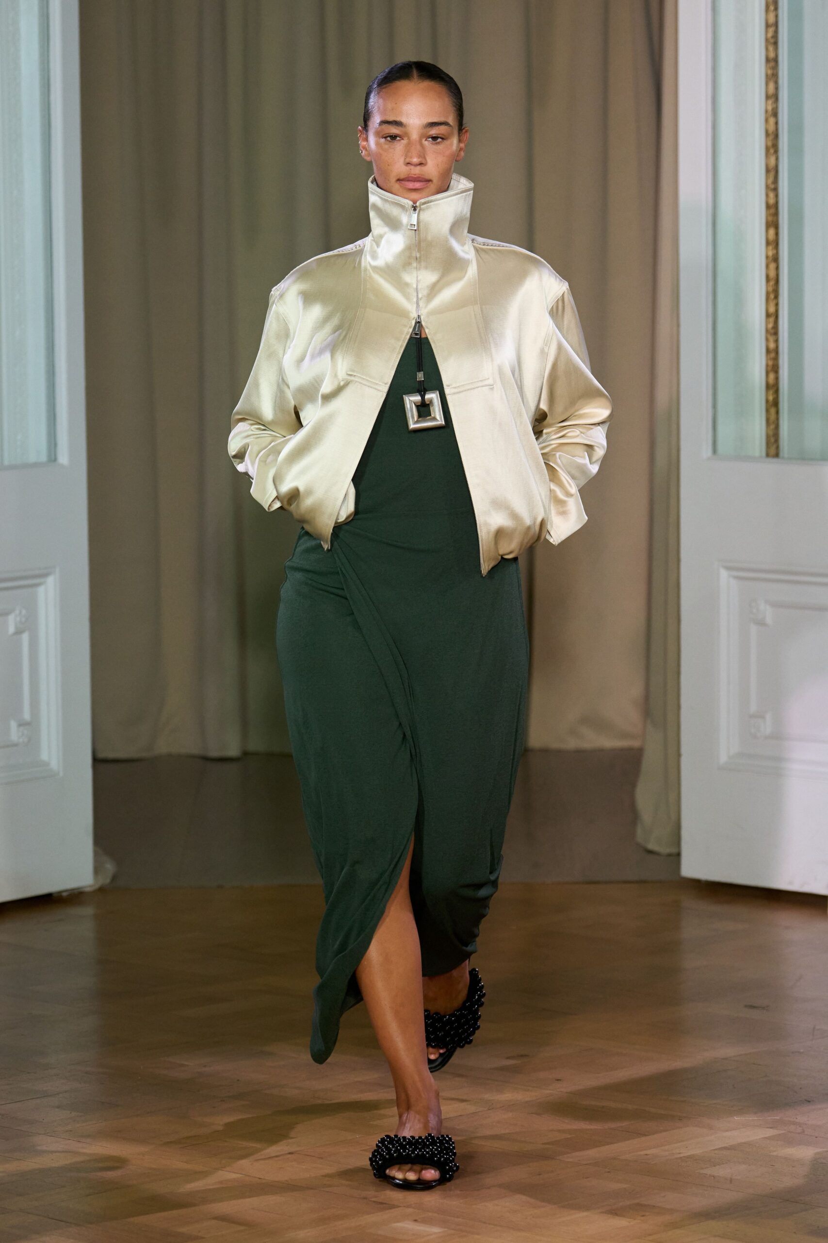 white satin long-sleeve collared structured shiny jacket