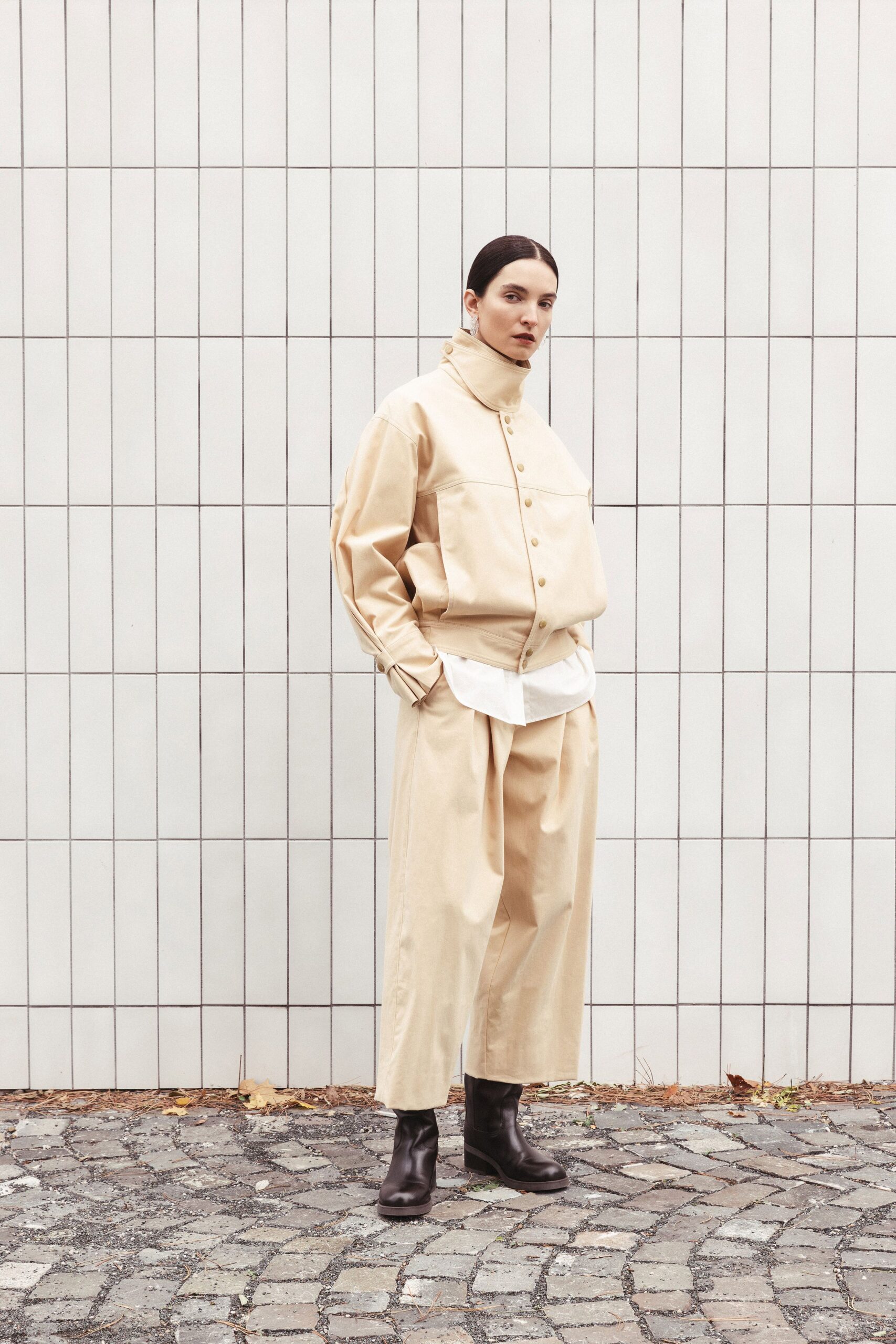 beige relaxed jacket with wide-leg pants