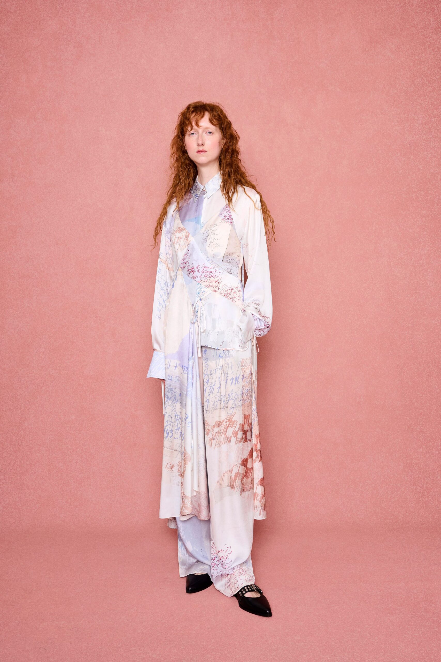white silk long-sleeve collared relaxed printed maxi dress