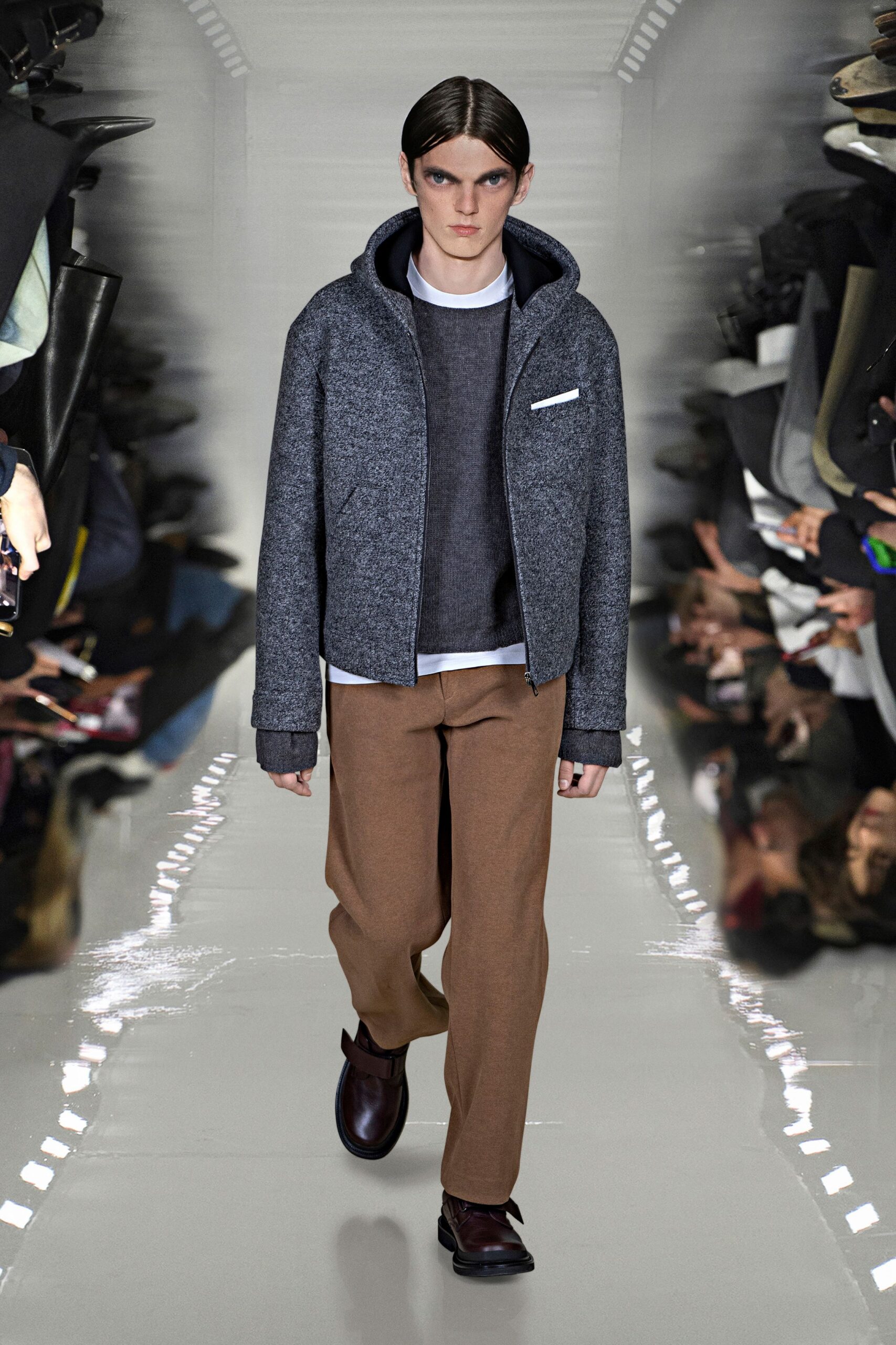 gray wool jacket with hood