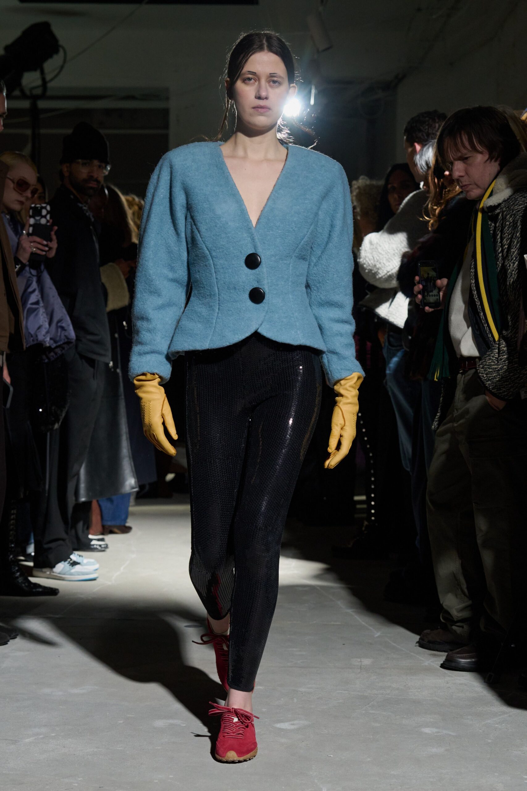 blue wool long-sleeve collared fitted buttoned jacket