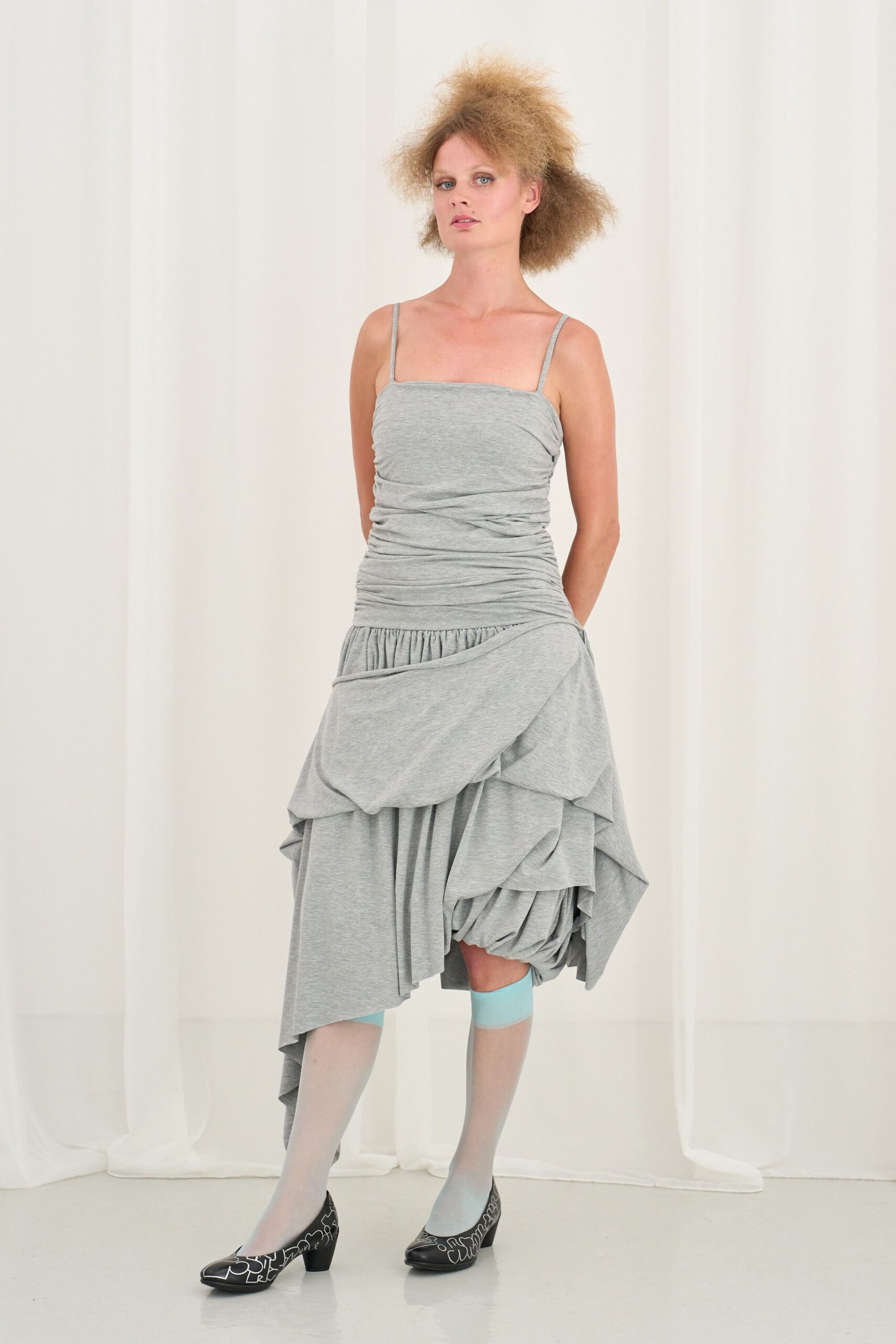 gray cotton sleeveless v-neck fitted ruched draped dress
