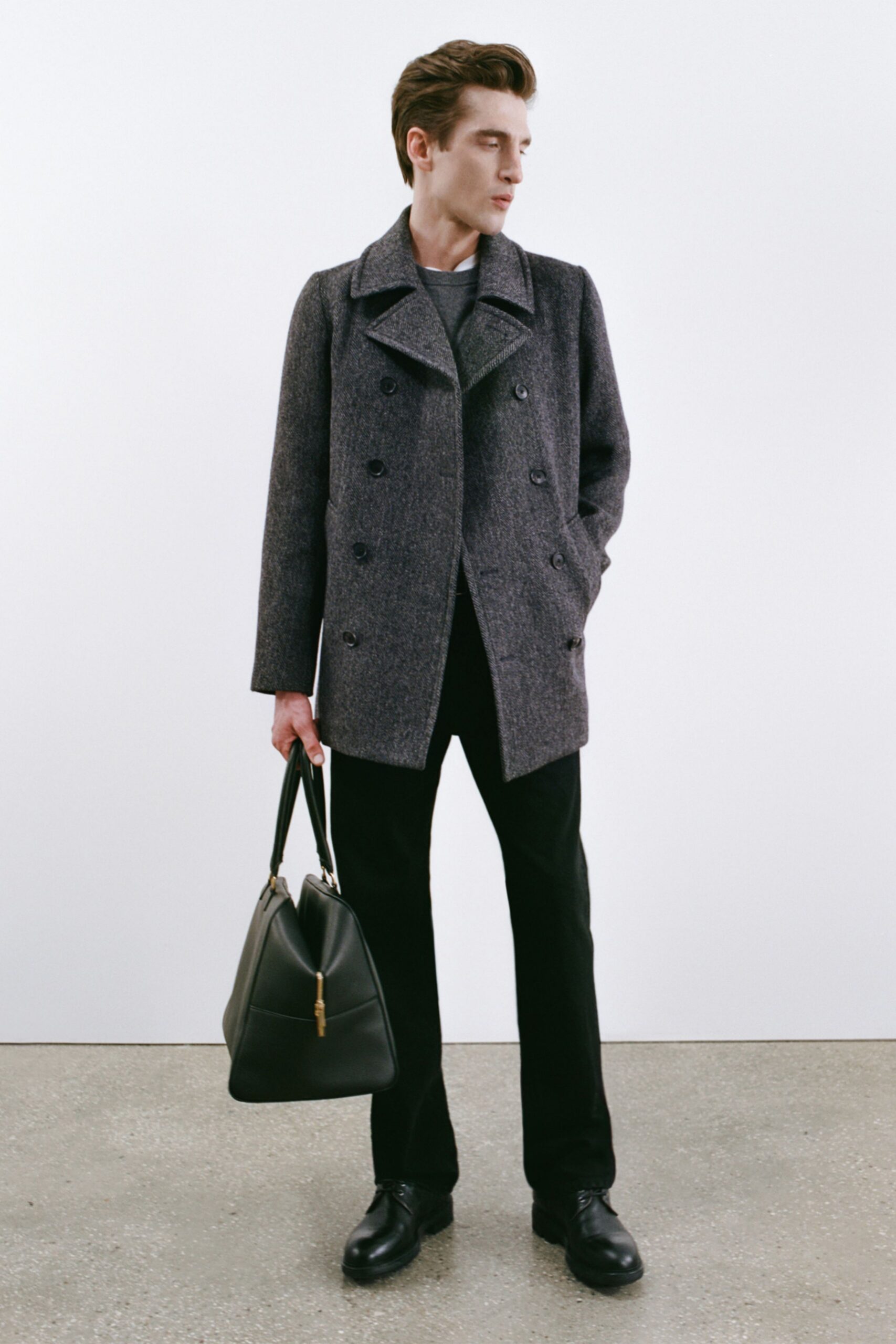 gray wool long-sleeve collared structured coat