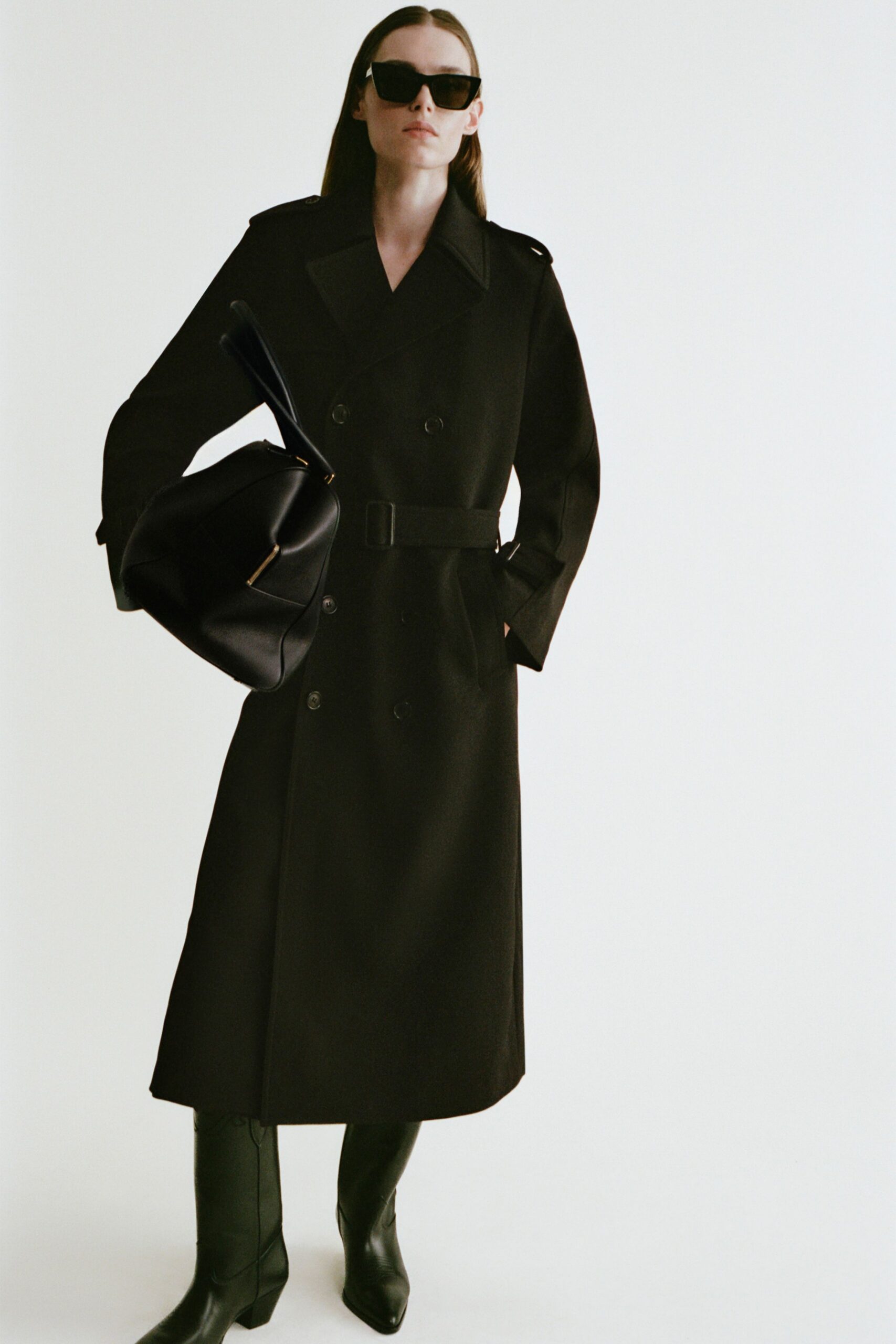 black wool long-sleeve collared fitted belted maxi coat
