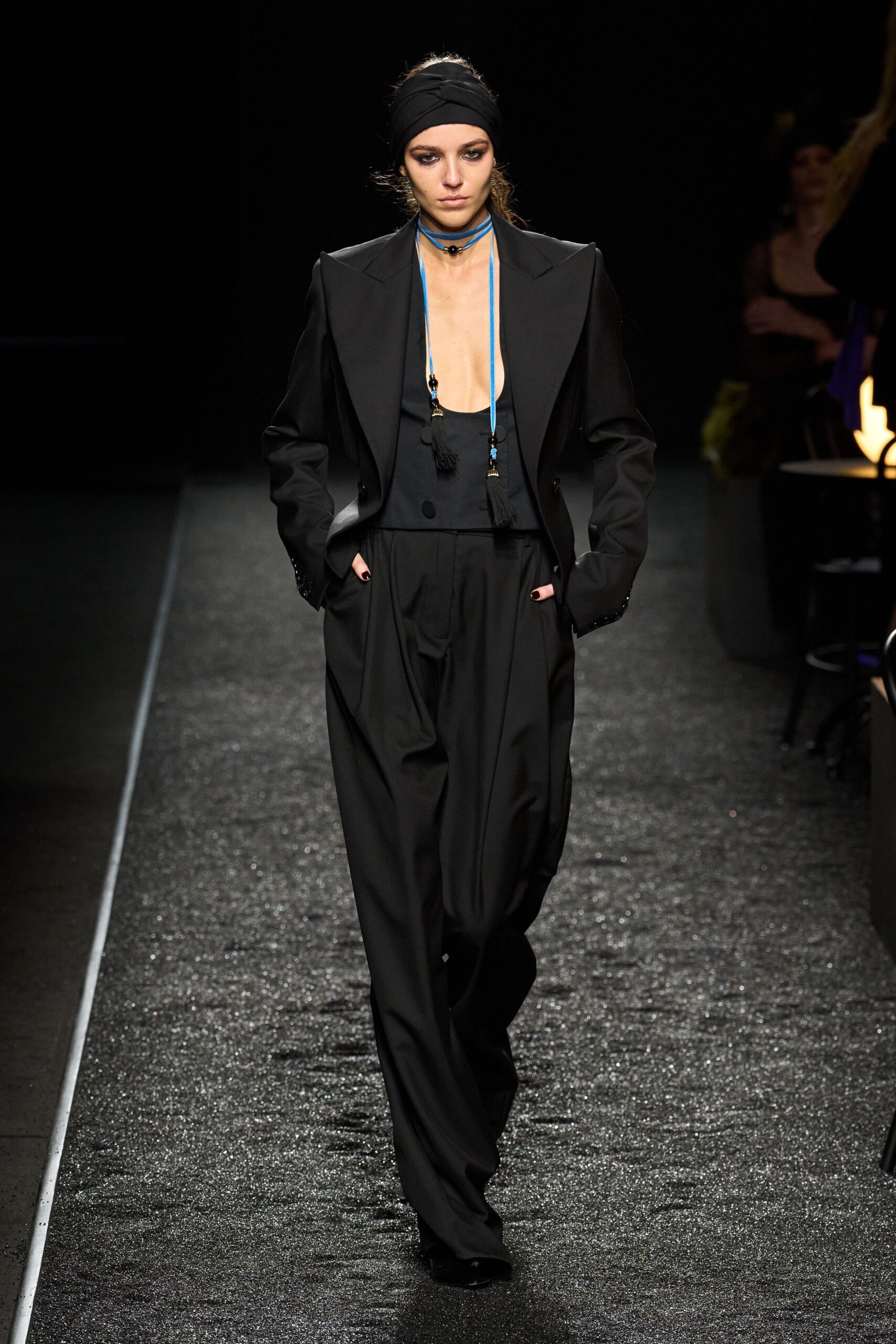 black relaxed suit with hat