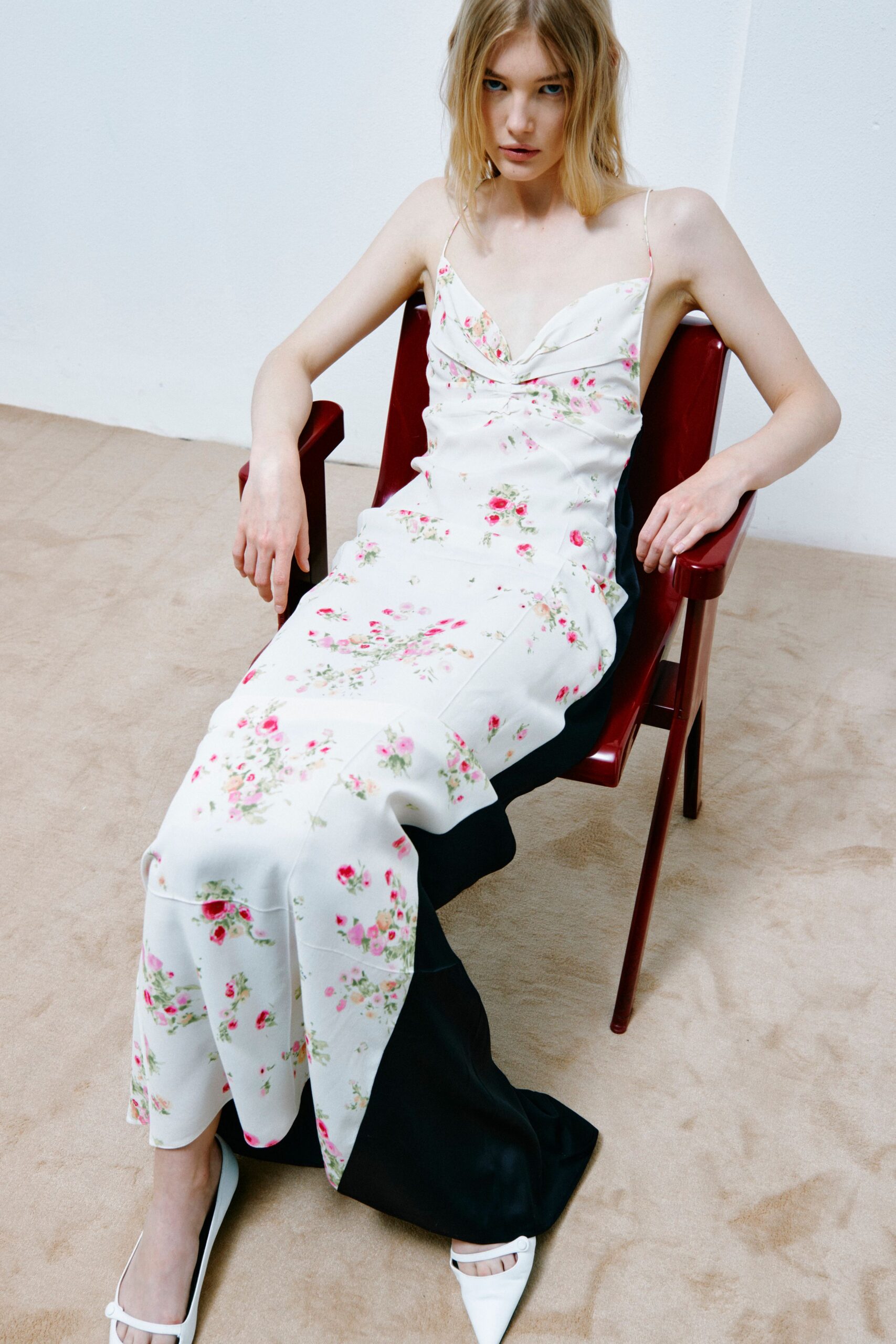 floral silk maxi dress with white shoes
