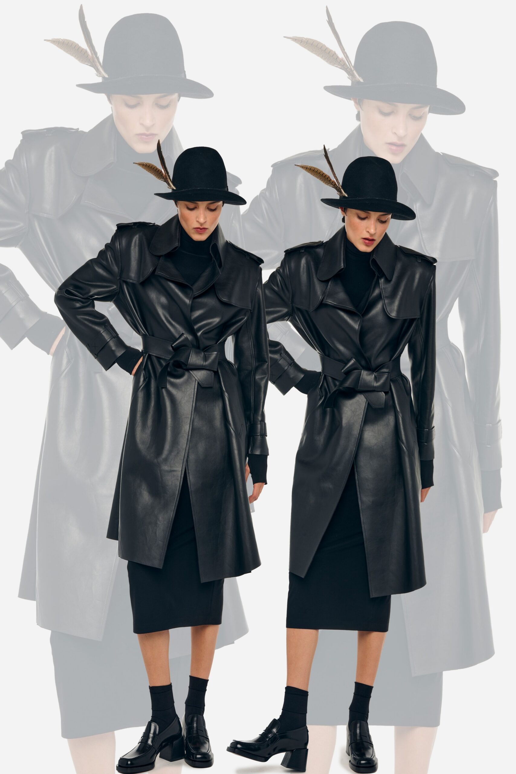 black leather coat with hat