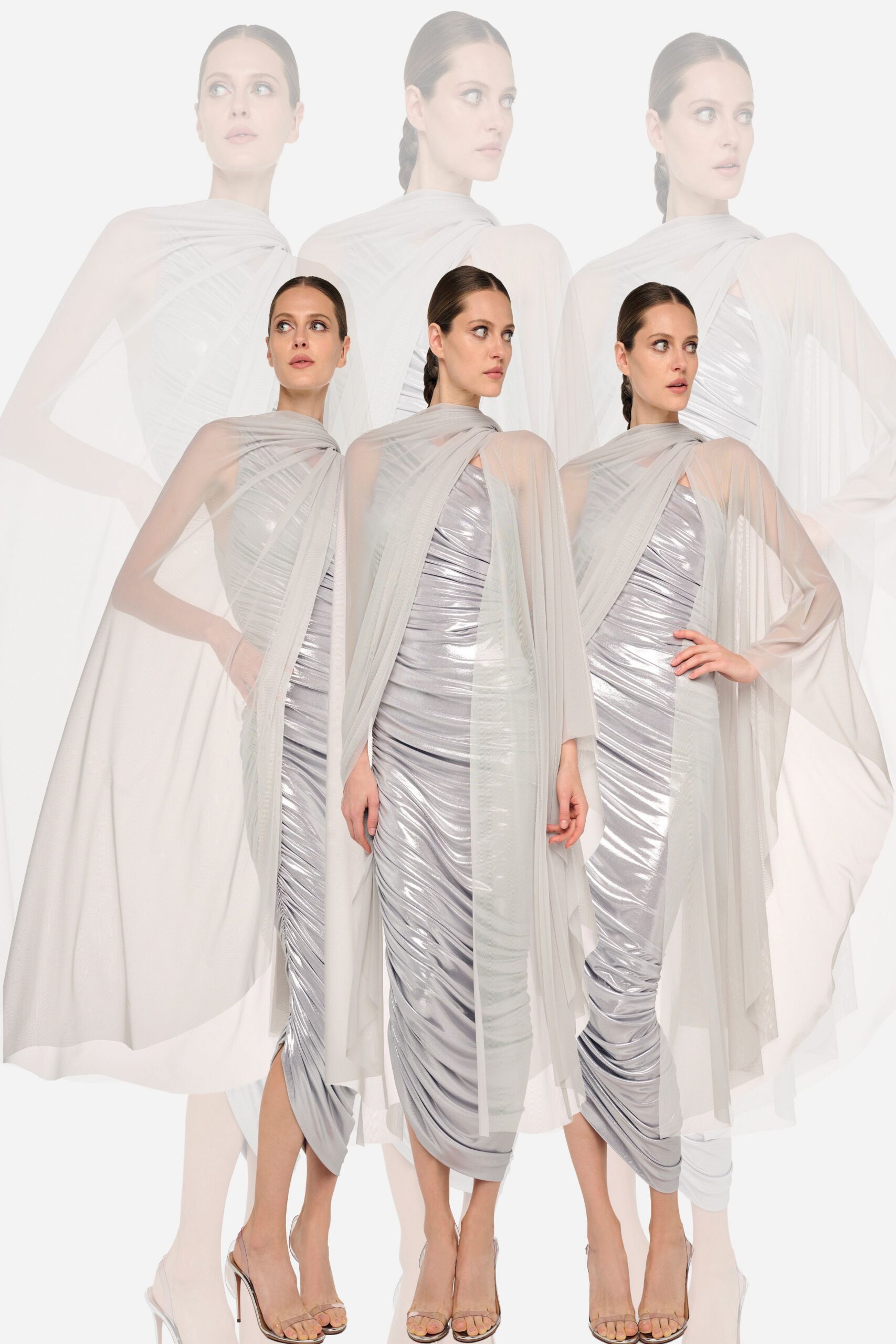 silver ruched gown with cape