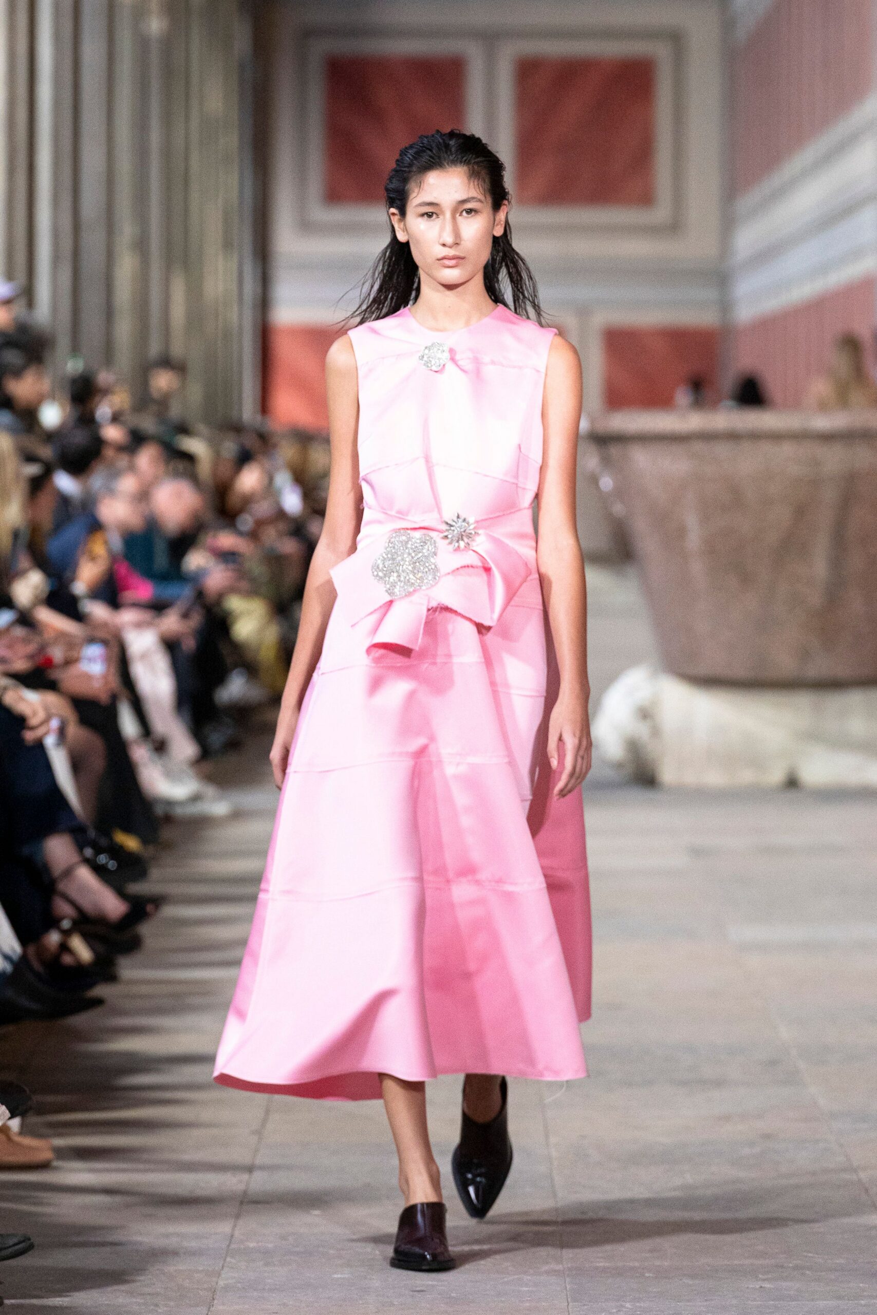 pink silk sleeveless collared fitted pleated belted dress