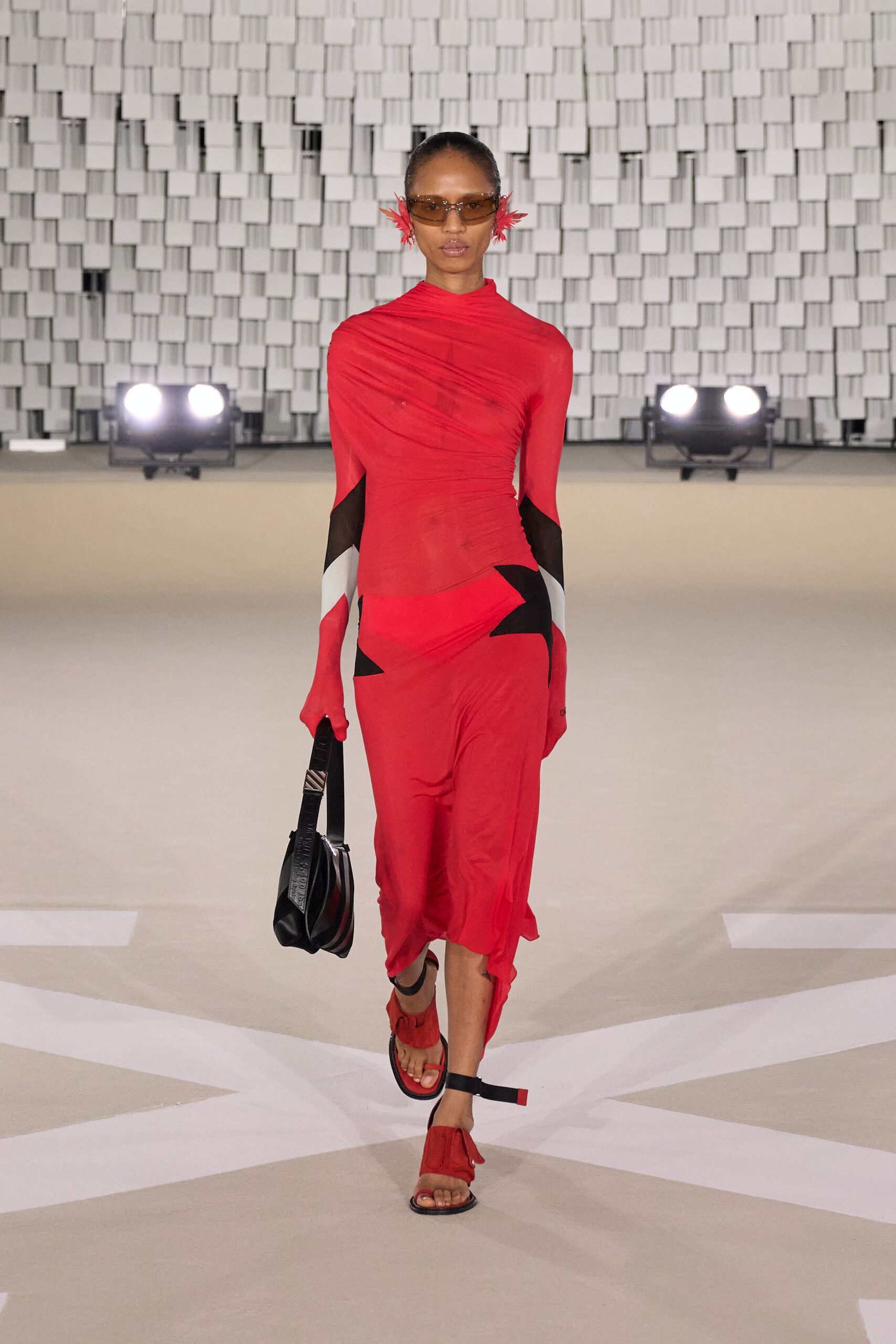 red silk long-sleeve v-neck fitted draped color-blocked dress
