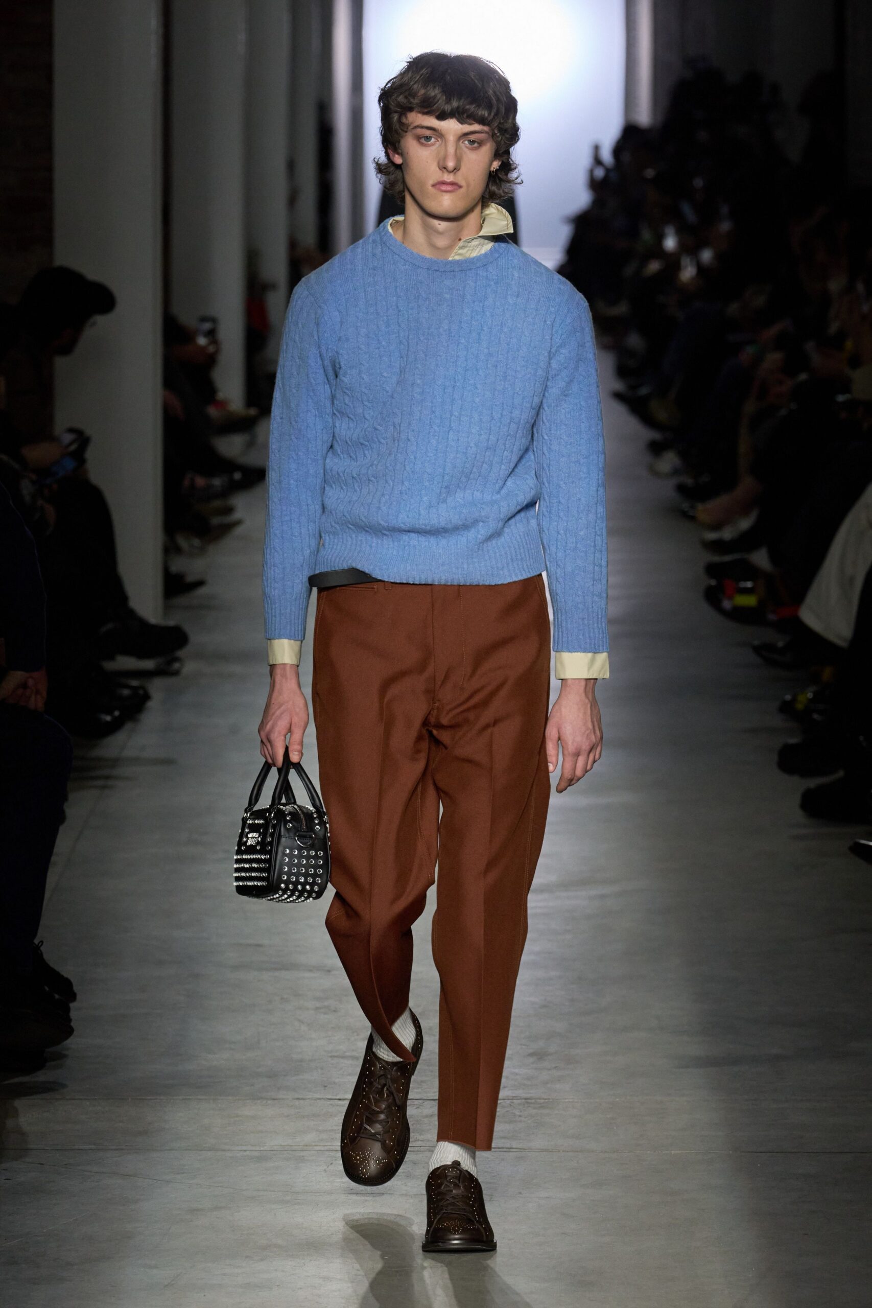 blue wool sweater brown pants