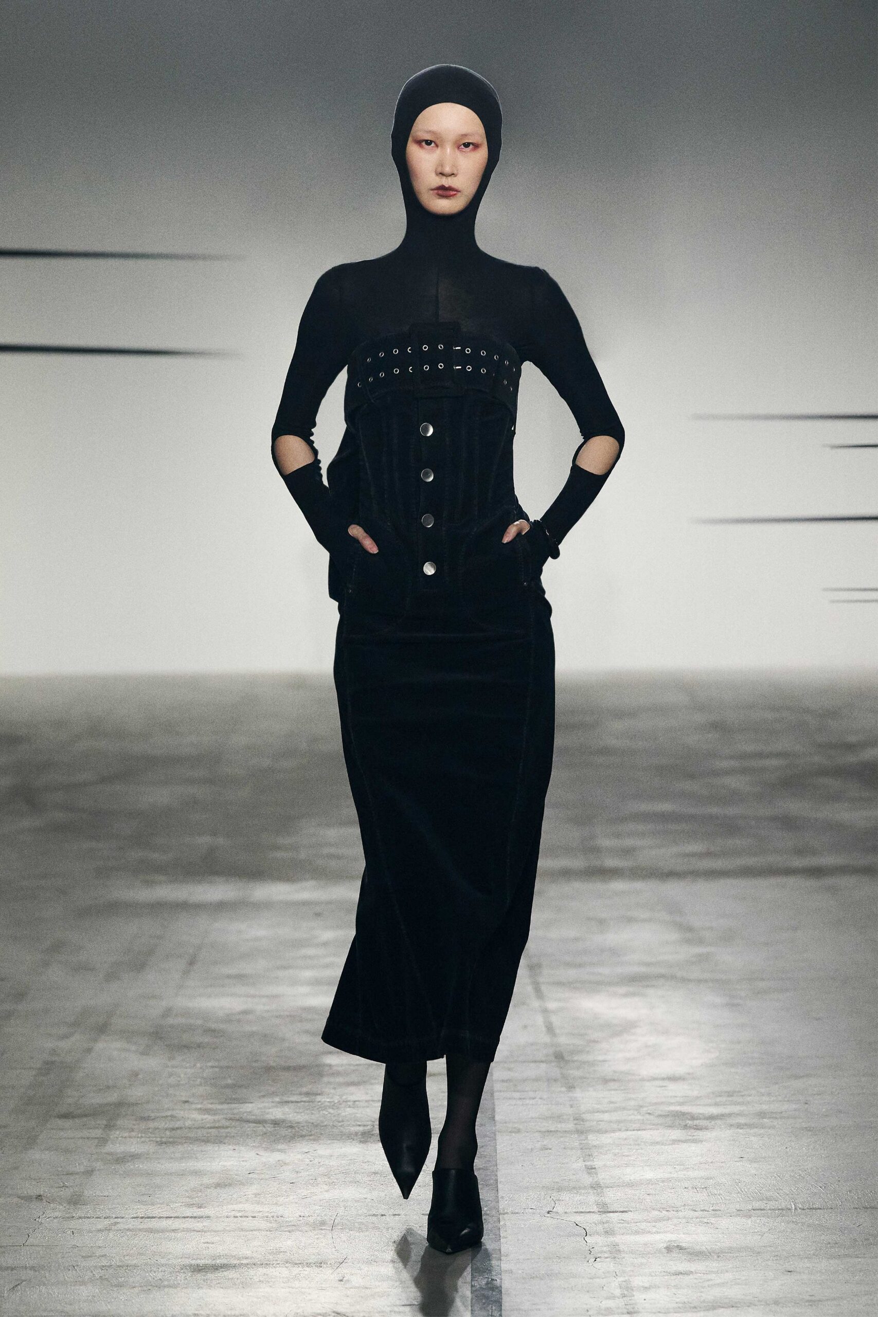 black velvet long-sleeve high-neck fitted buttoned pencil dress